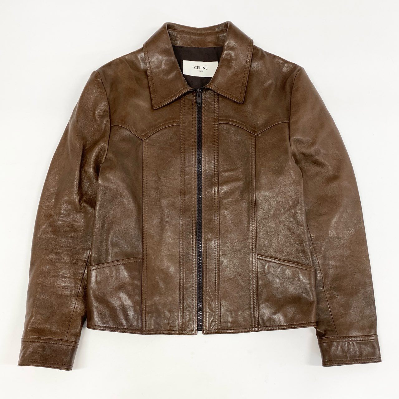 14h29 《未使用保管品》CELINE セリーヌ ワックスウエスタンブルゾン ラムスキン レザージャケット 23AW 2EG62602V 46サイズ ブラウン メンズ 男性用k02i