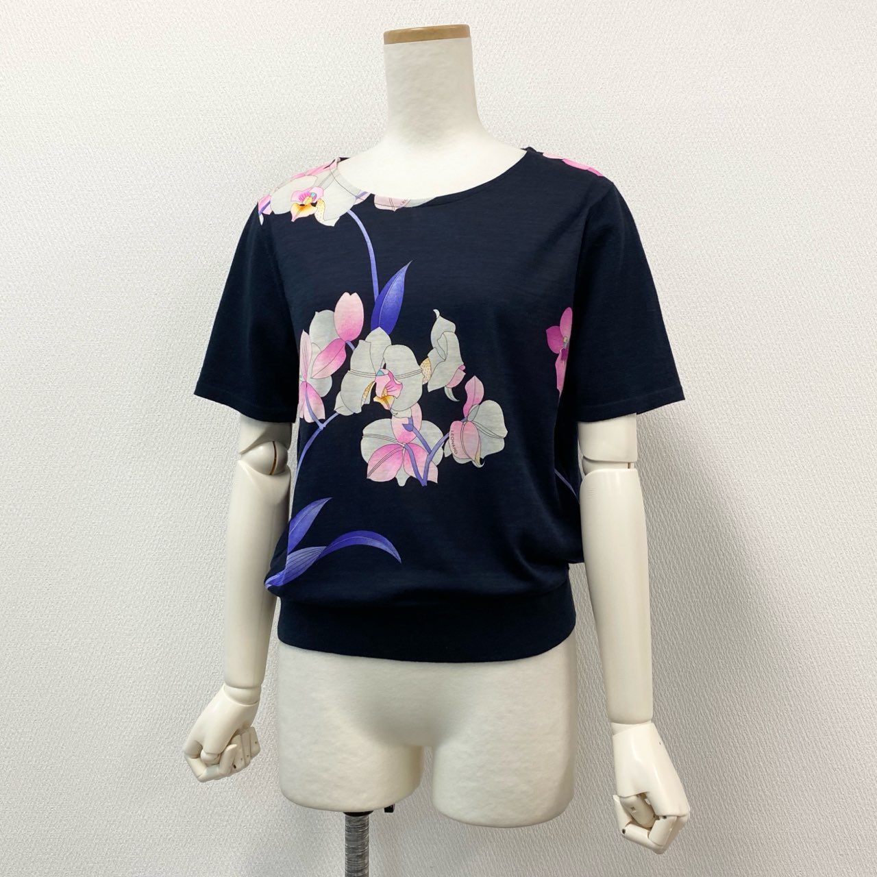 31f14 LEONARD レオナール 日本製 花柄プリント 半袖ニット トップス ショートスリーブ シルク混 Lサイズ ネイビー ウール シルク