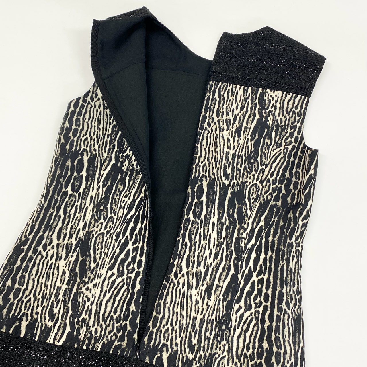 61g23 Giambattista Valli ジャンバティスタ ヴァリ イタリア製 レオパード柄 ツイード切替 ノースリーブワンピース ドレス 40 ブラック ベージュ系 レディース