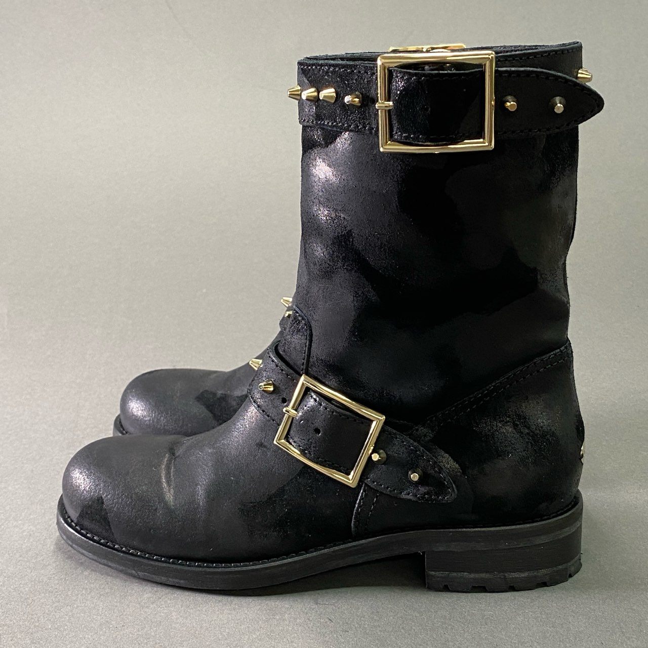 1d16 《美品》 JIMMY CHOO ジミーチュウ ワックス加工 スタッズバイカーブーツ 36 ブラック レザー シューズ イタリア製
