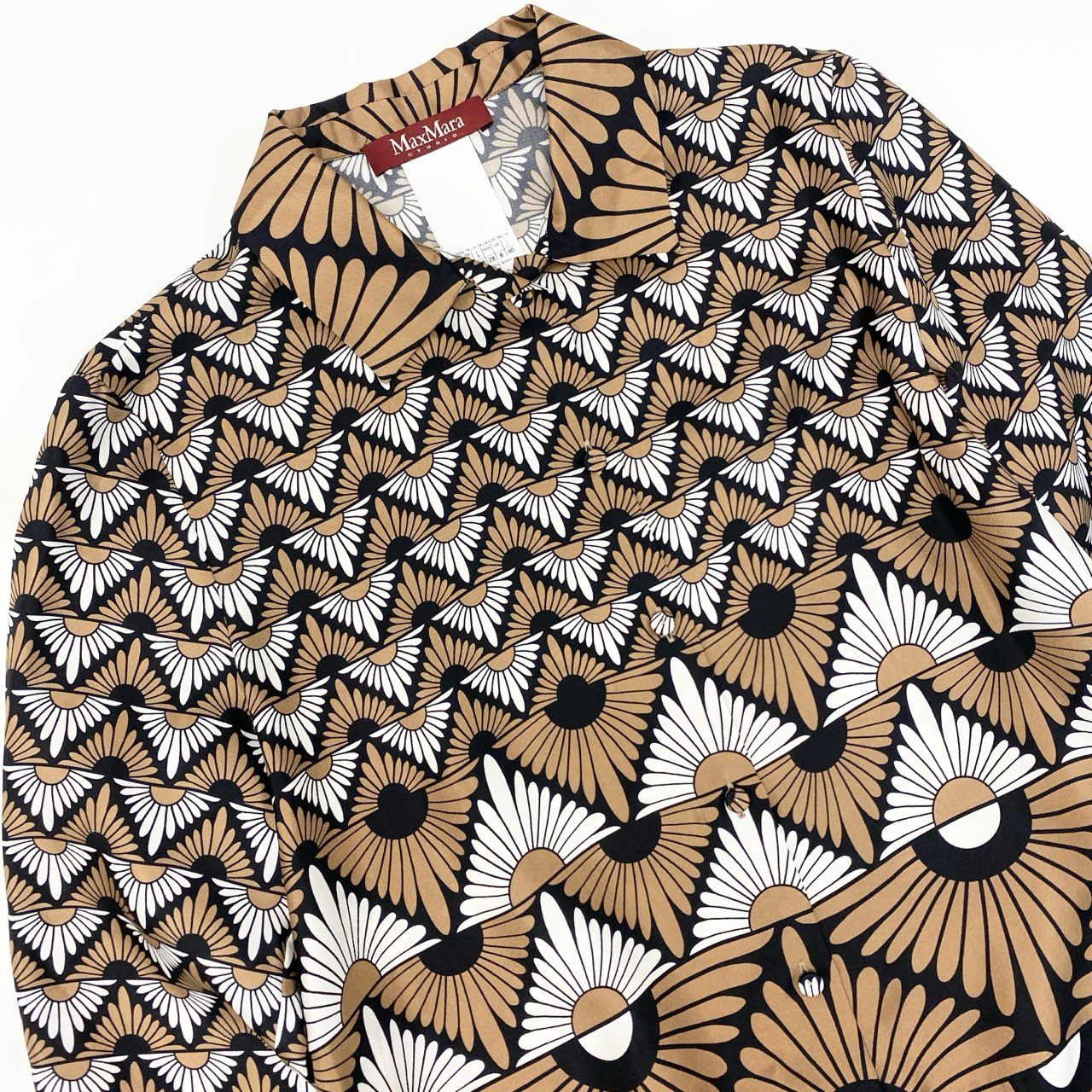 72j15《美品》MaxMara マックスマーラ シルクシャツ 長袖シャツ 幾何学模様 40サイズ ブラウン ホワイト ブラック レディースu02t