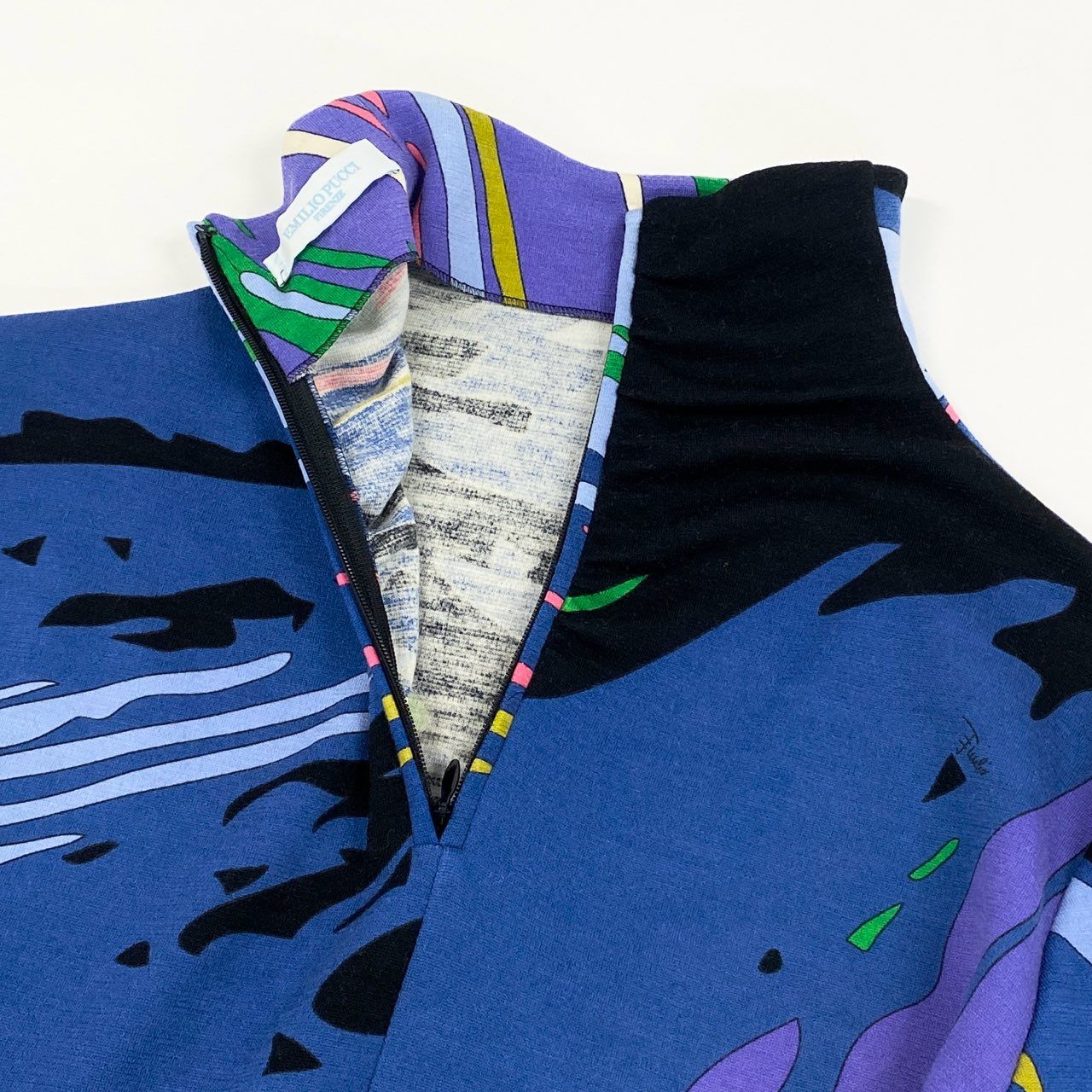 69g8 EMILIO PUCCI エミリオプッチ プッチ柄 ボトルネック 長袖ワンピース ドレス ロングスリーブ ウエストマーク イタリア製 38 ブルー レディース