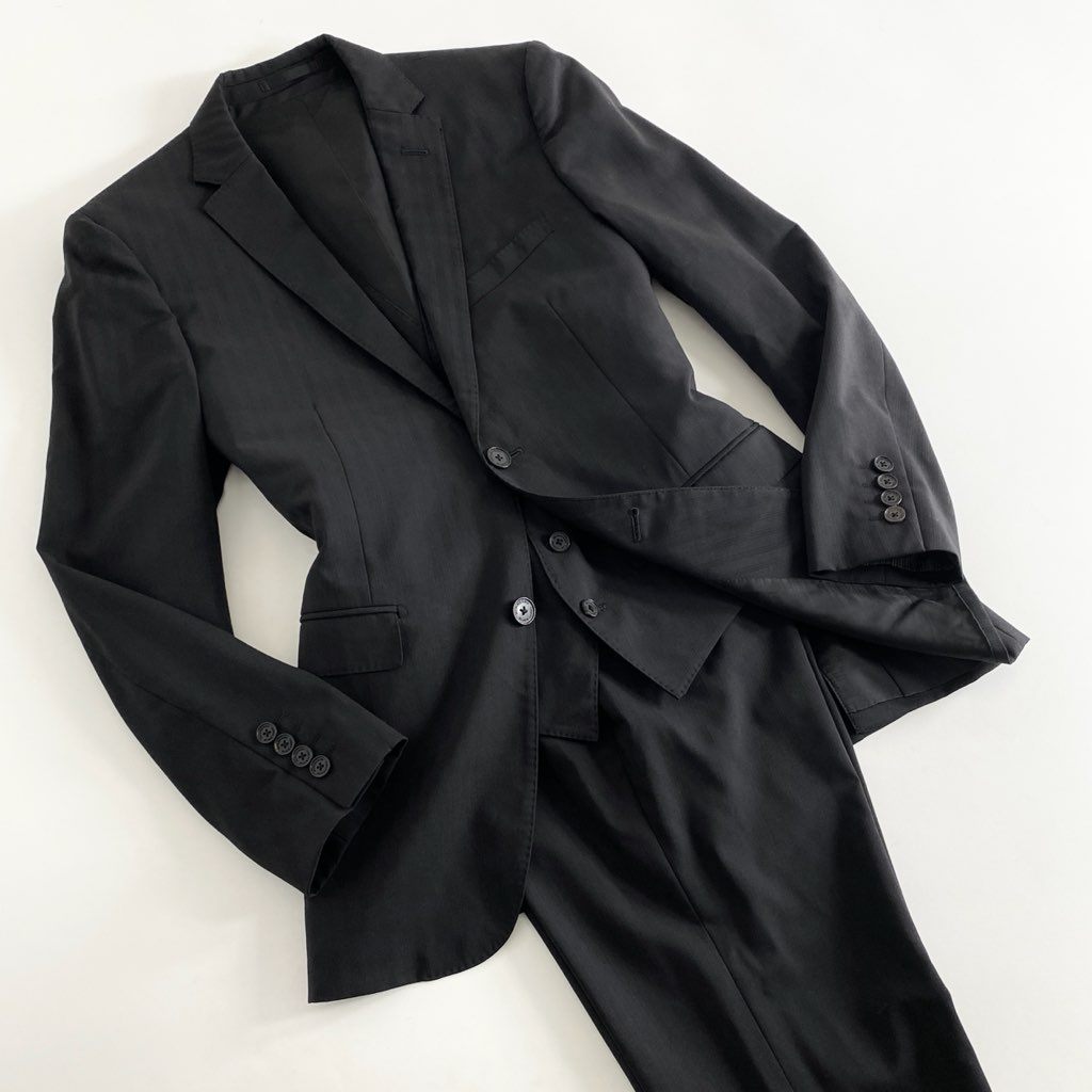 83h27 BURBERRY BLACK LABEL バーバリーブラックレーベル スリーピース シングルスーツ ビジネススーツ セットアップ D1H06-702-09 サイズ92-76-170 38R ブラック ストライプ 羊毛100% メンズ