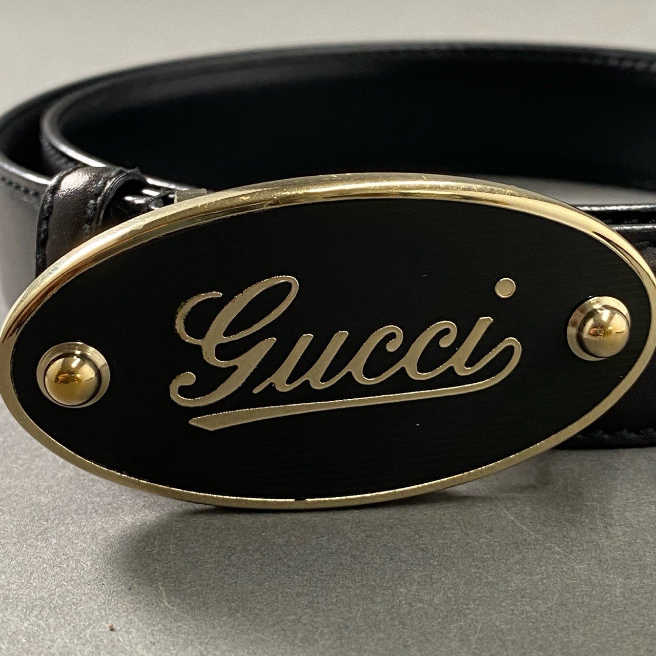 31f23 GUCCI グッチ ハトメ ロゴバックル レザーベルト ブラック イタリア製
