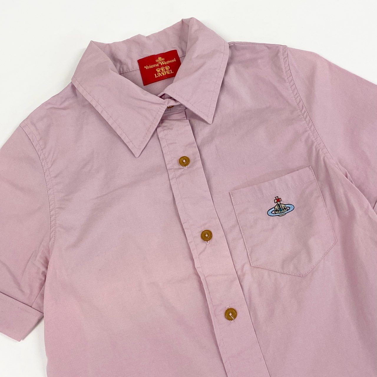4c28 Vivienne Westwood RED LABEL ヴィヴィアンウエストウッド レッドレーベル イタリア製 コットンシャツ 半袖シャツ 薄手シャツ 春夏生地 ピンクシャツ オーブ刺繍 実寸S程 ピンク コットン100%