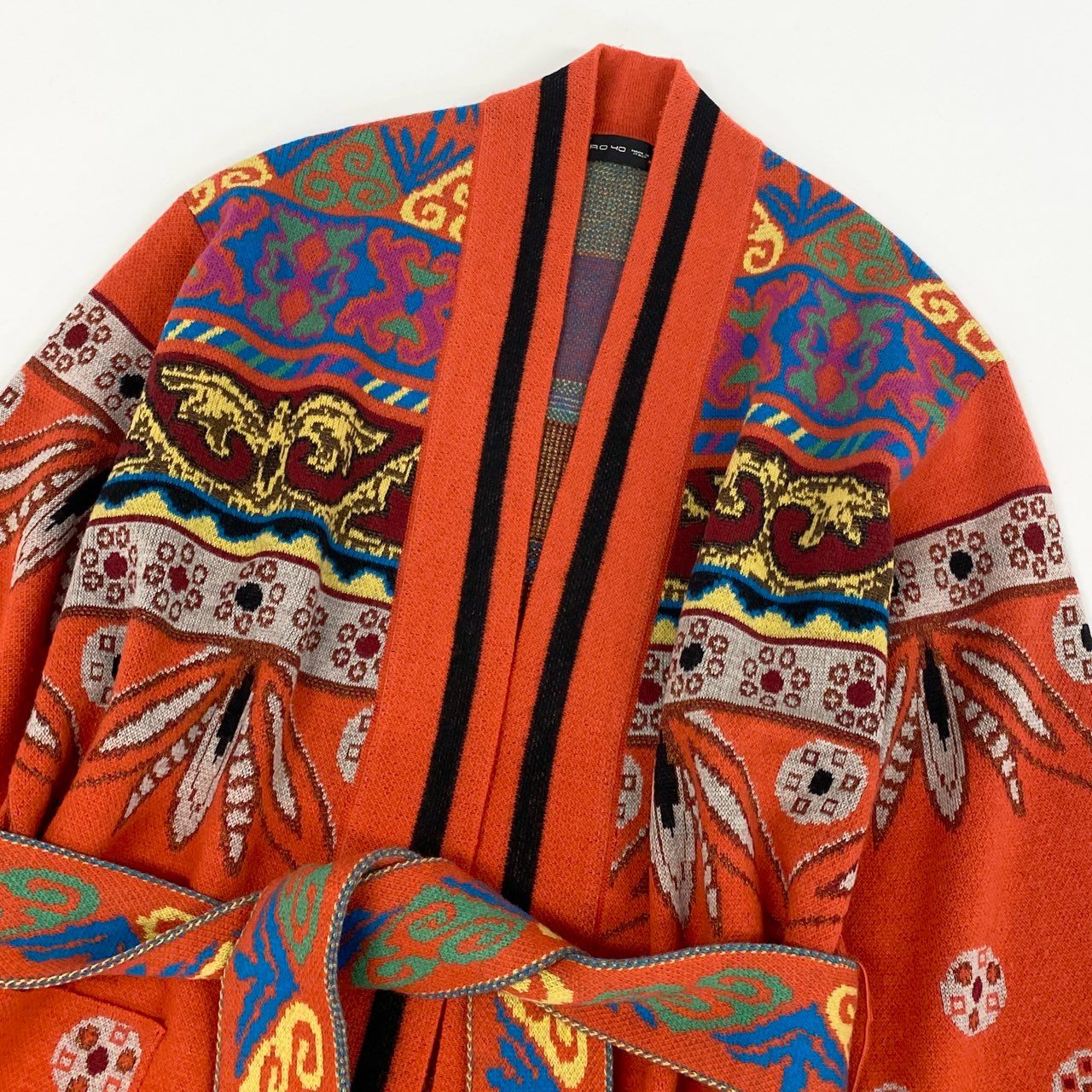 75f24 ETRO エトロ ベルテッドカーディガン ニットカーディガン フリンジ 総柄 サイズ40 マルチカラー レディース イタリア製