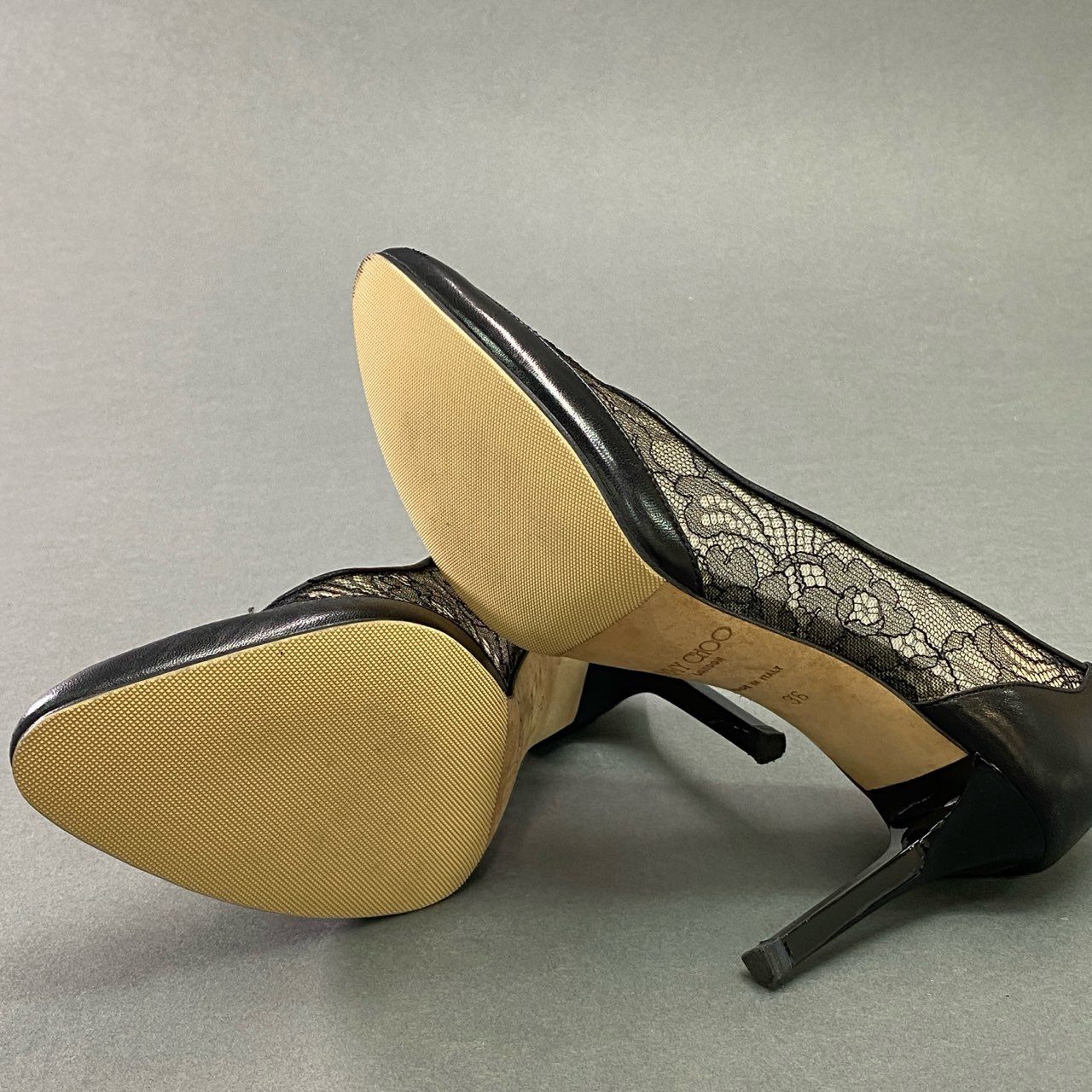 5c21 JIMMY CHOO ジミーチュウ フラワーレースパンプス 36 ブラック レザー イタリア製 シューズ