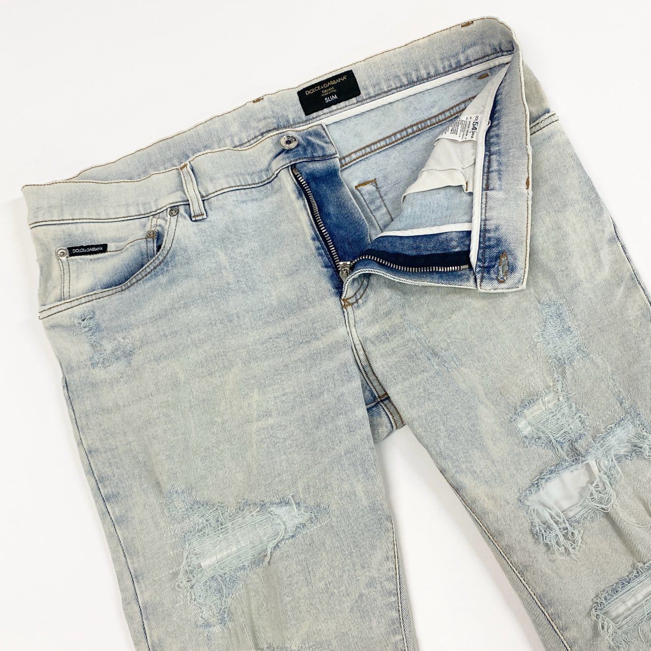 27a17 DOLCE&GABBANA ドルチェアンドガッバーナ ダメージ加工 デニムパンツ ジーンズ クラッシュ加工 イタリア製 SLIM 54 ライトブルー