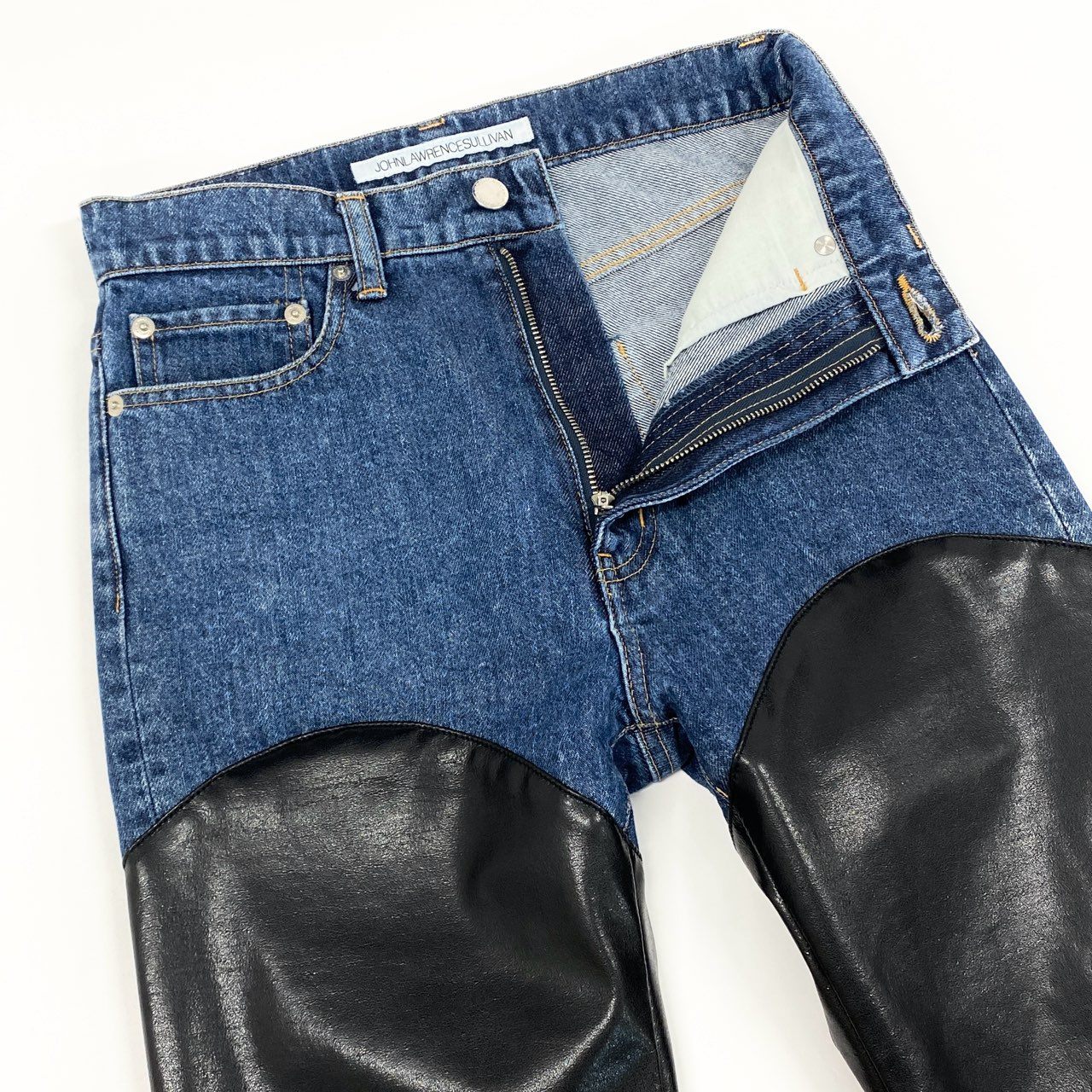 66g8 【美品】 JOHN LAWRENCE SULLIVAN ジョンローレンスサリバン 切替デニムパンツ ジーンズ レザーバイカラーパンツ ヴィーガンレザー レディース 女性用 JLSW-38 XS ブルー×ブラック