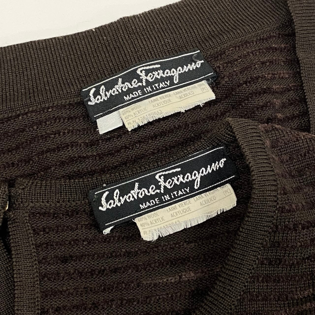 24e14 Salvatore Ferragamo サルヴァトーレフェラガモ アンサンブル ニットカーディガン 半袖ニット ガンチーニ ボーダー ブラウン ウール100% レディース 女性用u02t