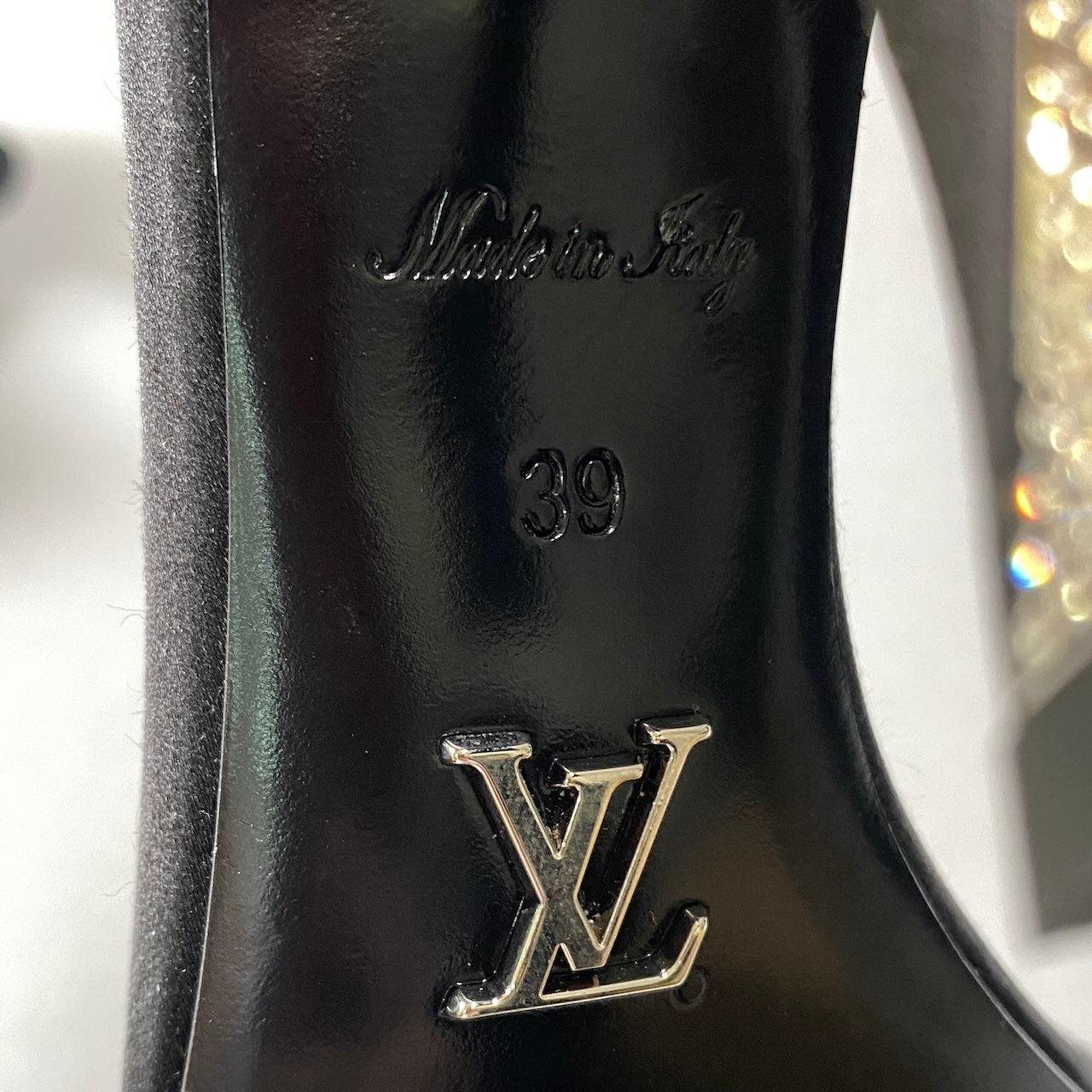 f18 【美品】 LOUIS VUITTON ルイヴィトン アピールライン ラインストーン ブラックサテン ハイヒール アンクルストラップ レディース 女性靴 39 ブラックu02tu02t
