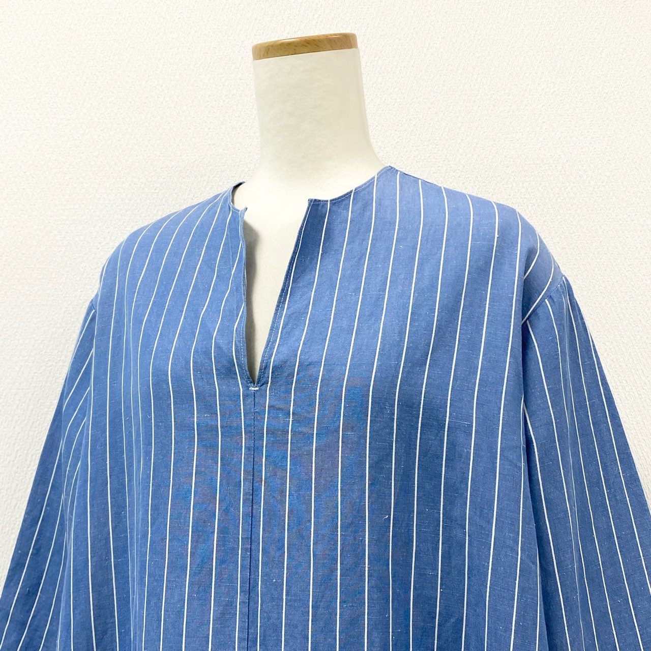 68g24 Scye サイ 完売品 COTTON LINEN DR 半袖ワンピース ロングワンピース ストライプ 1221-01050 サイズ36 ブルー ホワイト コットン リネン レディース 日本製_