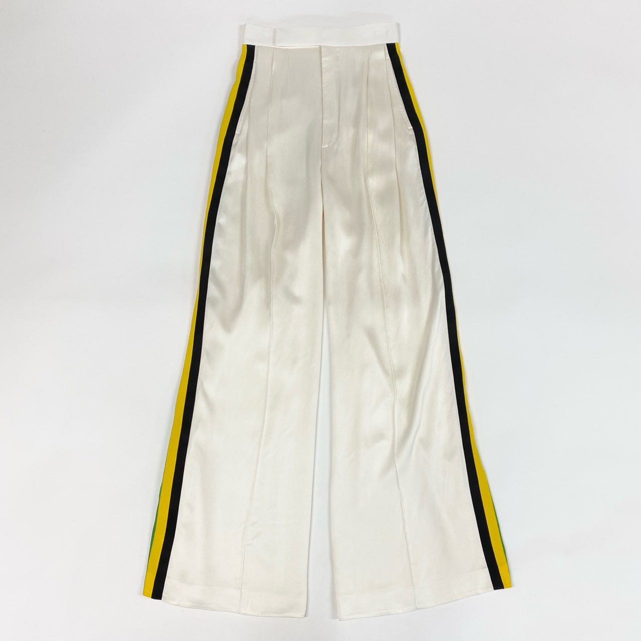 41c29 《美品》 CELINE セリーヌ フィービー期 サイドライン シルクパンツ 34 ホワイト フランス製 Reggae レゲエ ラスタ レインボー