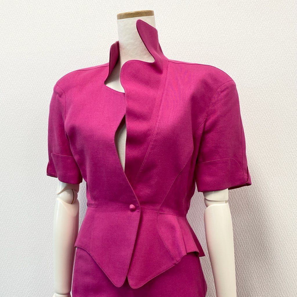 63d8-6 Thierry mugler ティエリー ミューグレー 半袖ジャケット/スカート スーツ セットアップ 変形デザイン サイズ7AR/60-88 ピンク レーヨン リネン レディース 日本製