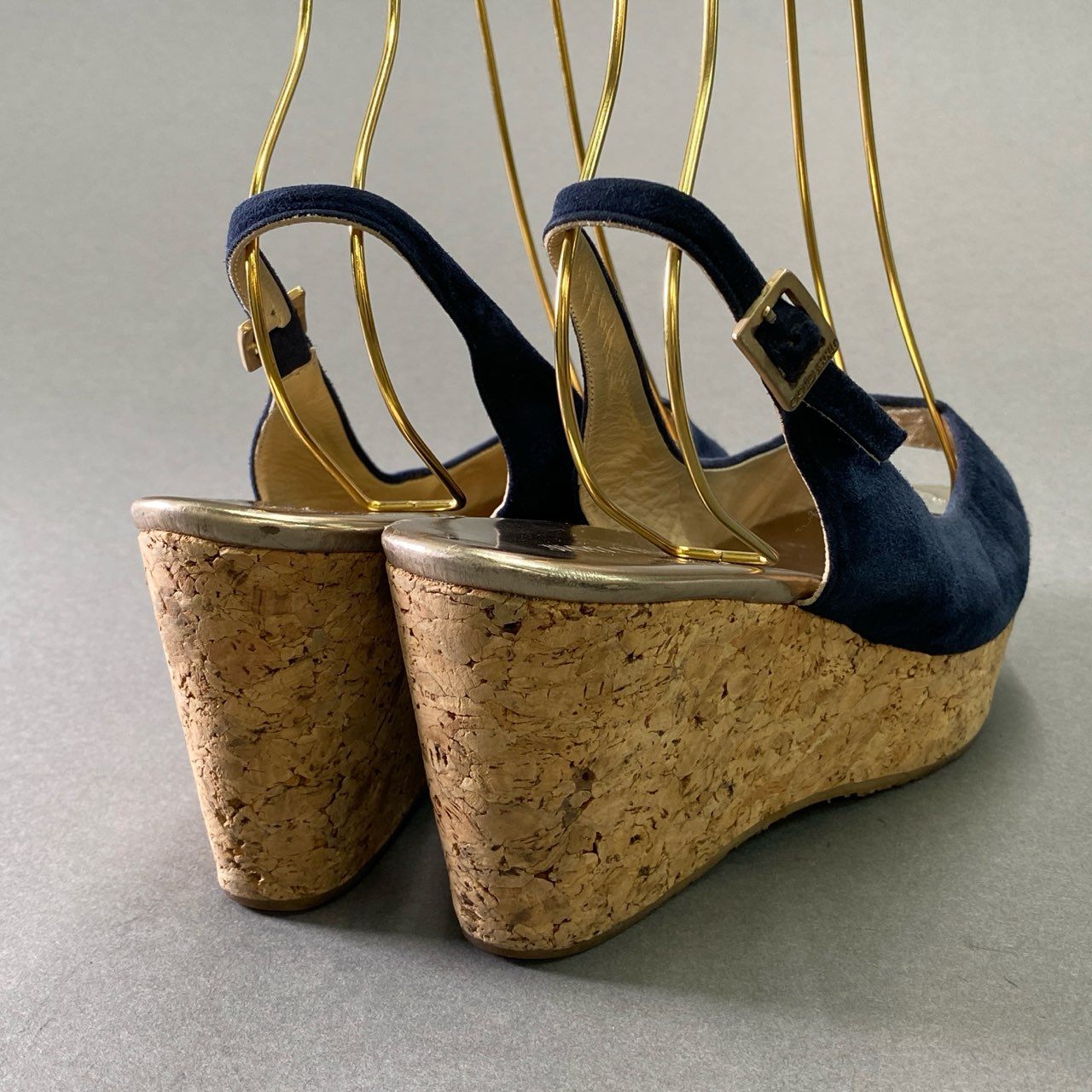 7d16 JIMMY CHOO ジミーチュウ ウェッジコルクソール スエードサンダル 38 ネイビー レザー シューズ イタリア製 夏