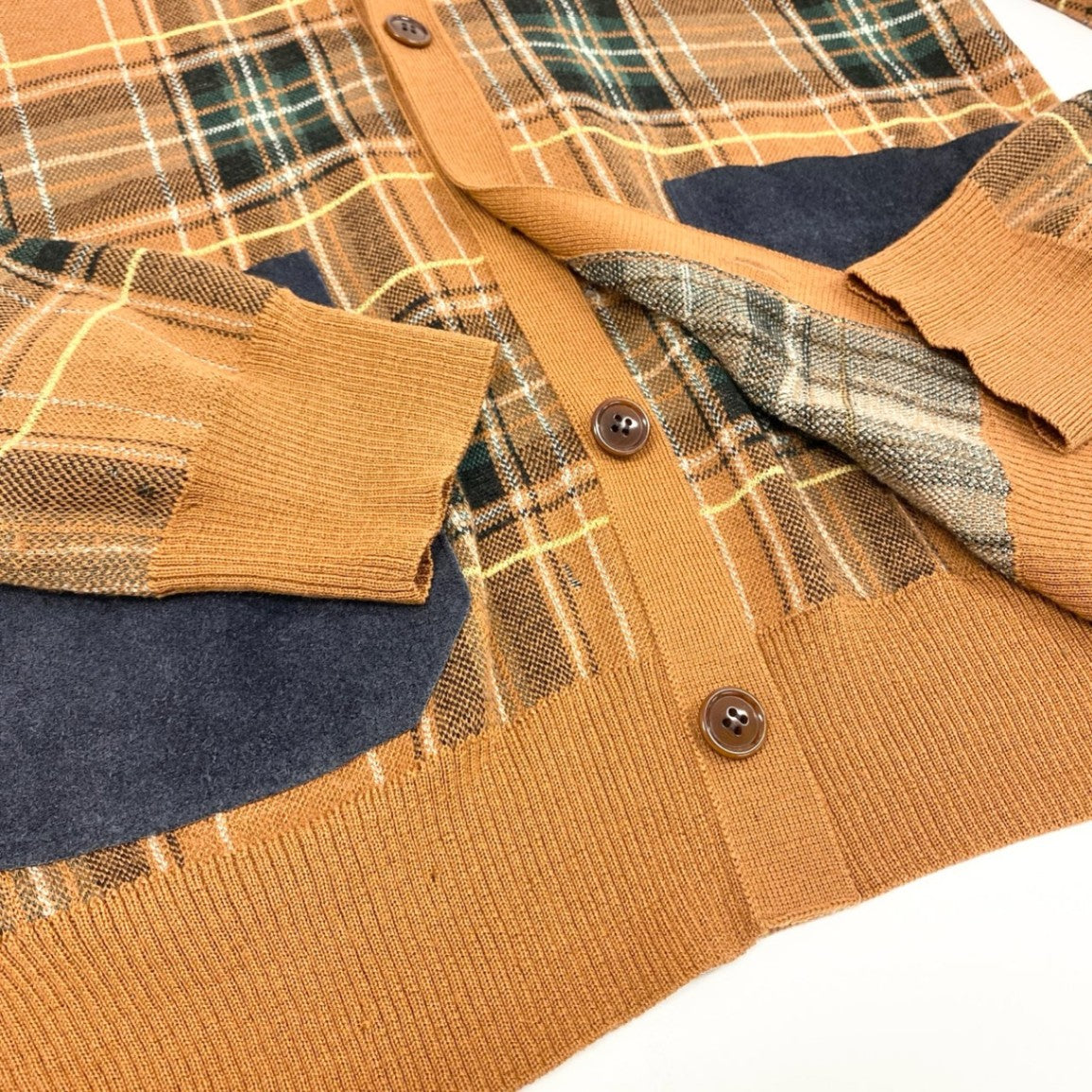 44h26 JUNYA WATANABE MAN COMME des GARCONS ジュンヤワタナベマン コムデギャルソン 多素材MIX ジャガード エルボーパッチ ニットカーディガン スエードポケット チェック柄 スエード Sサイズ マルチカラー メンズo07t