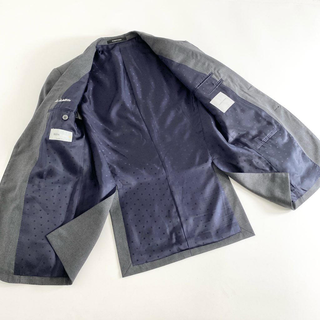 68g9 KASHIYAMA オンワード樫山 REDA レダ 2ボタン シングルスーツ 3ピース セットアップ サイズS相当 グレー 無地 メンズ 男性用