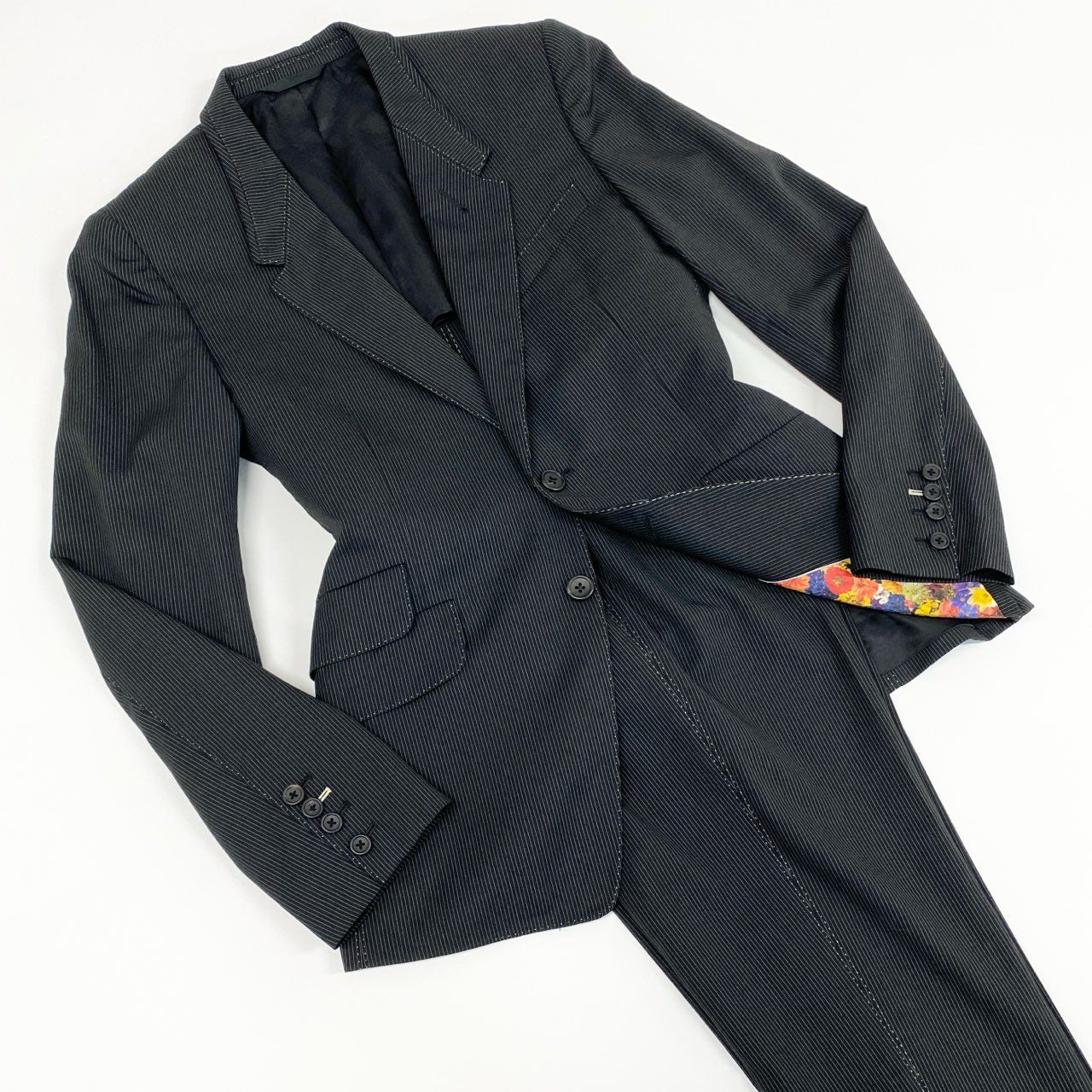 51a15 Paul Smith COLLECTION ポールスミスコレクション 裏地花柄 シングルスーツ セットアップ テーラードジャケット/スラックス サイズM ブラック ストライプ メンズ 日本製