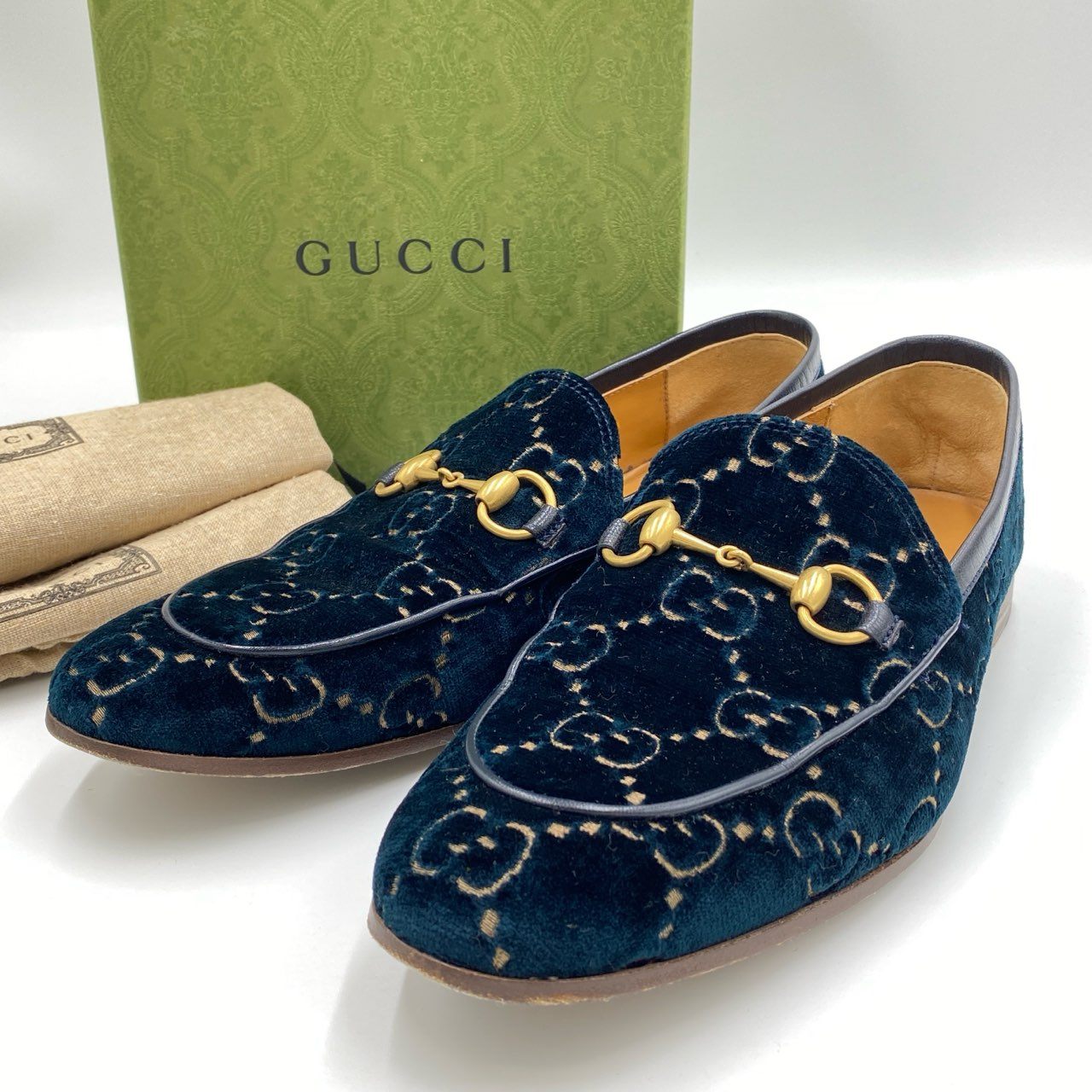 1i4 GUCCI グッチ GGベルベット ホースビット ローファー ドレスシューズ 430088 サイズ8.5 ネイビー メンズ 紳士靴k02i