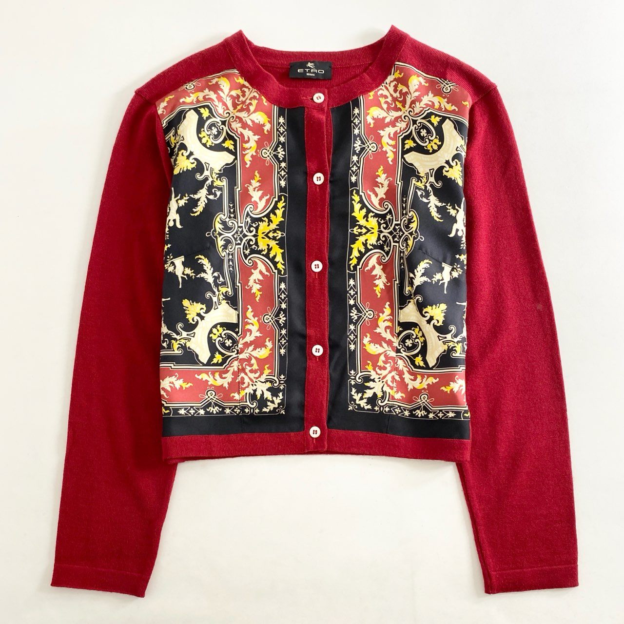 10h30 《美品》 イタリア製 ETRO エトロ シルク100% シルクプリント切替 ウールニット カーディガン サイズ44 レッド レディース 婦人服