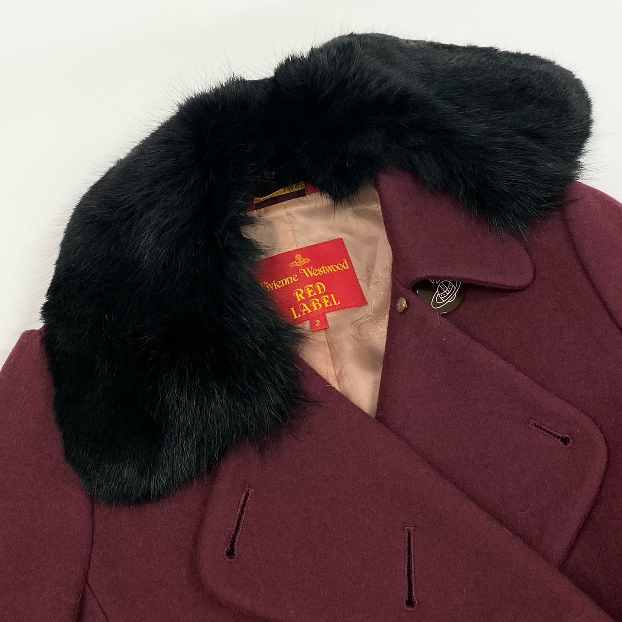 74i8 Vivienne Westwood RED LABEL ヴィヴィアンウエストウッド レッドレーベル オリゾンティ期 オーブボタン ラビットファー襟 ショートコート ジャケット 日本製 2 ボルドー ウール ナイロン レディースk02i