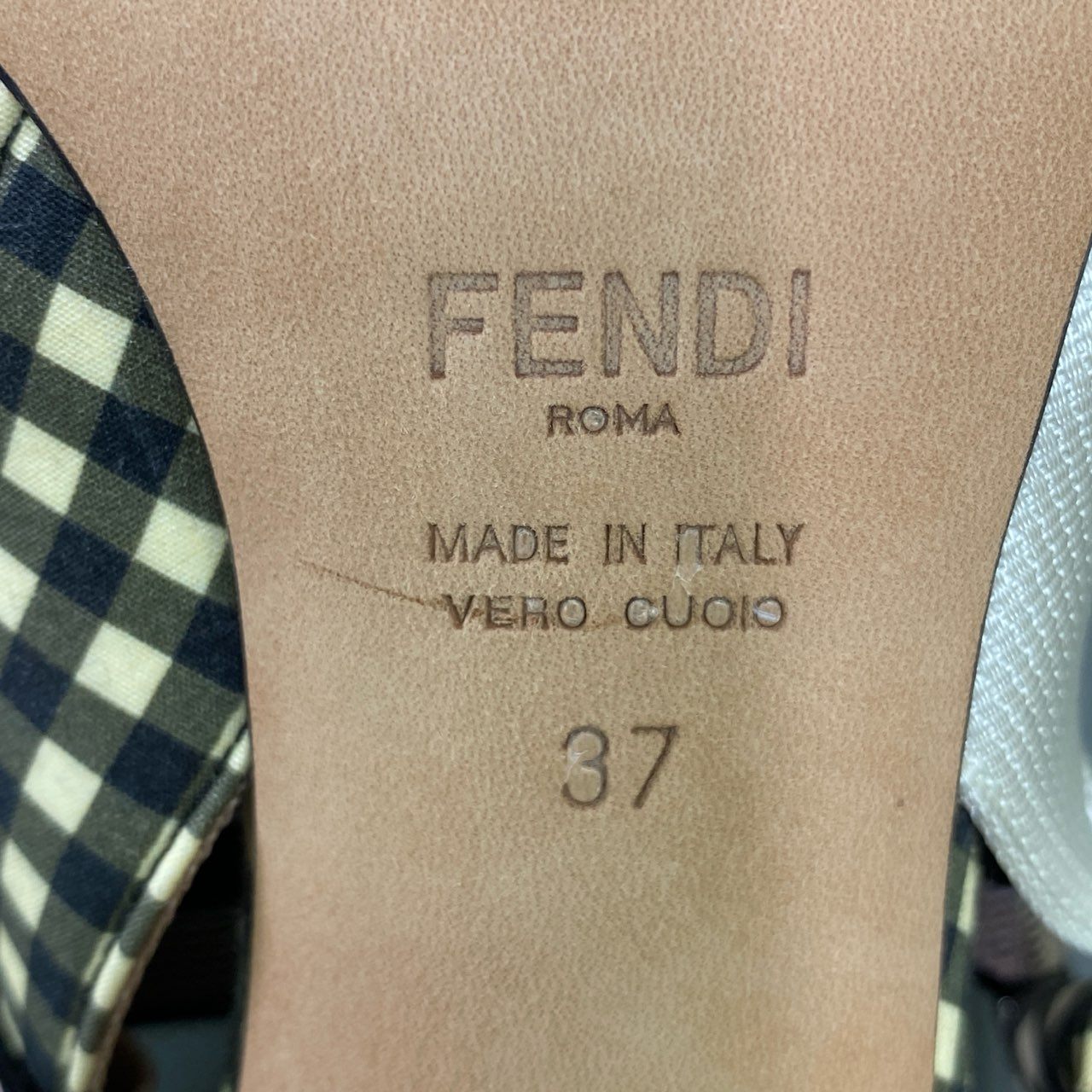 2c25 FENDI フェンディ コリブリ スリングバック パンプス チェック柄 花柄プリント シューズ 37 マルチカラー