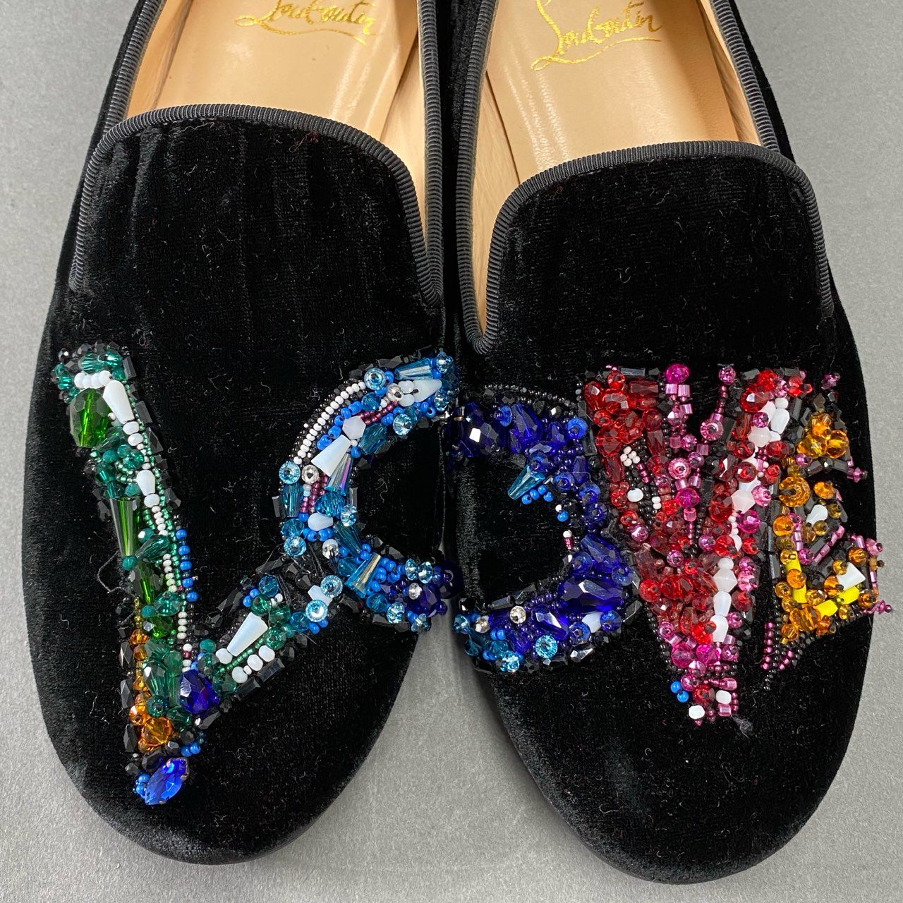 3i27 Christian Louboutin クリスチャンルブタン LOVE ビーズ ベルベット スリッポン シューズ パンプス フラット イタリア製 36 ブラック マルチカラー ベロア