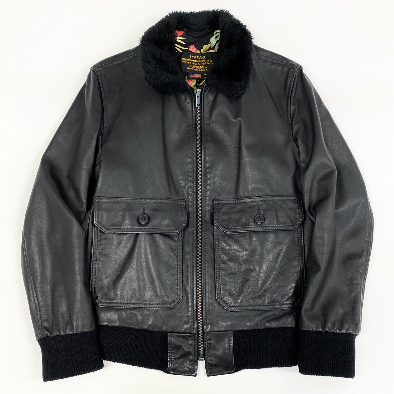 8h4 SUPREME x SCHOTT シュプリーム ショット 12SS Leather A-2 Flight Jacket フライトジャケット 裏地花柄 USA製 S ブラック 本革 レザー メンズ