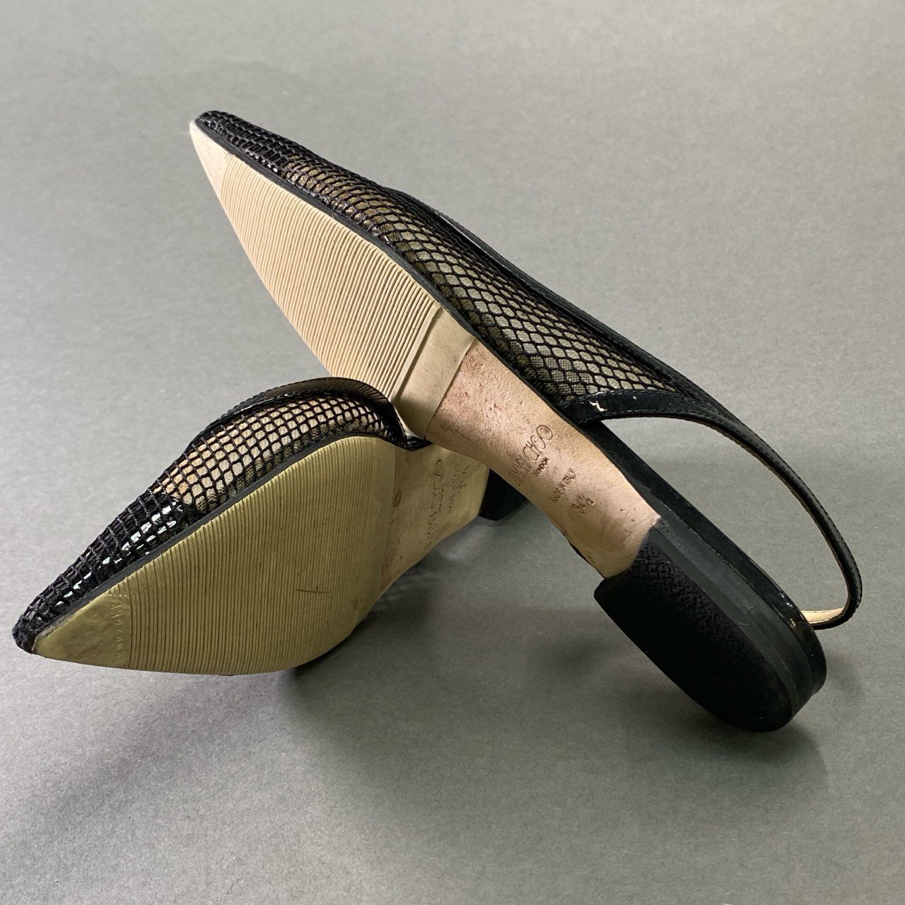 2f23 JIMMY CHOO ジミーチュウ メッシュ エナメルフラットシューズ 34 1/2 ブラック パテントレザー パンプス イタリア製 保存袋有