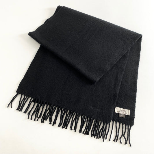 h30-2 スコットランド製 HERMES エルメス 総カシミア マフラー フリンジストール ロゴ刺繍 小物 ブラック カシミヤ100%