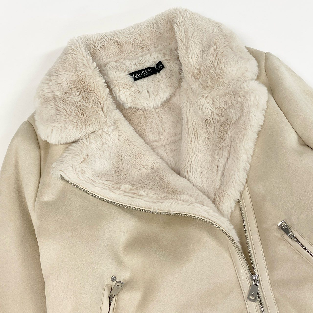 12f11 《美品》 LAUREN RALPH LAUREN ローレンラルフローレン フェイクムートン ライダースジャケット アウター フェイファー ボア Lサイズ ベージュ系 レディース
