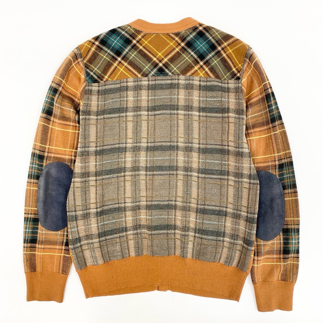 44h26 JUNYA WATANABE MAN COMME des GARCONS ジュンヤワタナベマン コムデギャルソン 多素材MIX ジャガード エルボーパッチ ニットカーディガン スエードポケット チェック柄 スエード Sサイズ マルチカラー メンズo07t