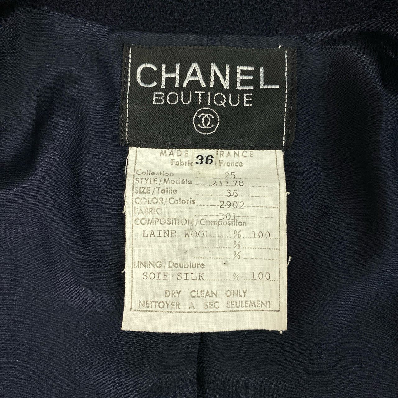 Cd9 Vintage CHANEL シャネル 1990 ツイードジャケット テーラードジャケット ココマーク 21178 36 ネイビー ウールu02t
