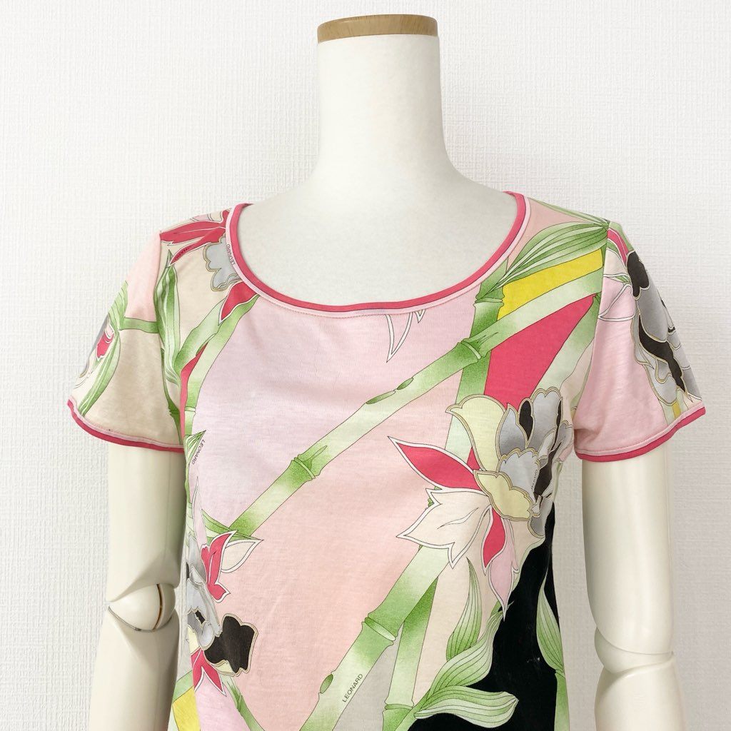 2d10-1 LEONARD レオナール 美しい花柄プリント 半袖カットソー Tシャツ トップス サイズM マルチカラー コットン100% レディース 日本製