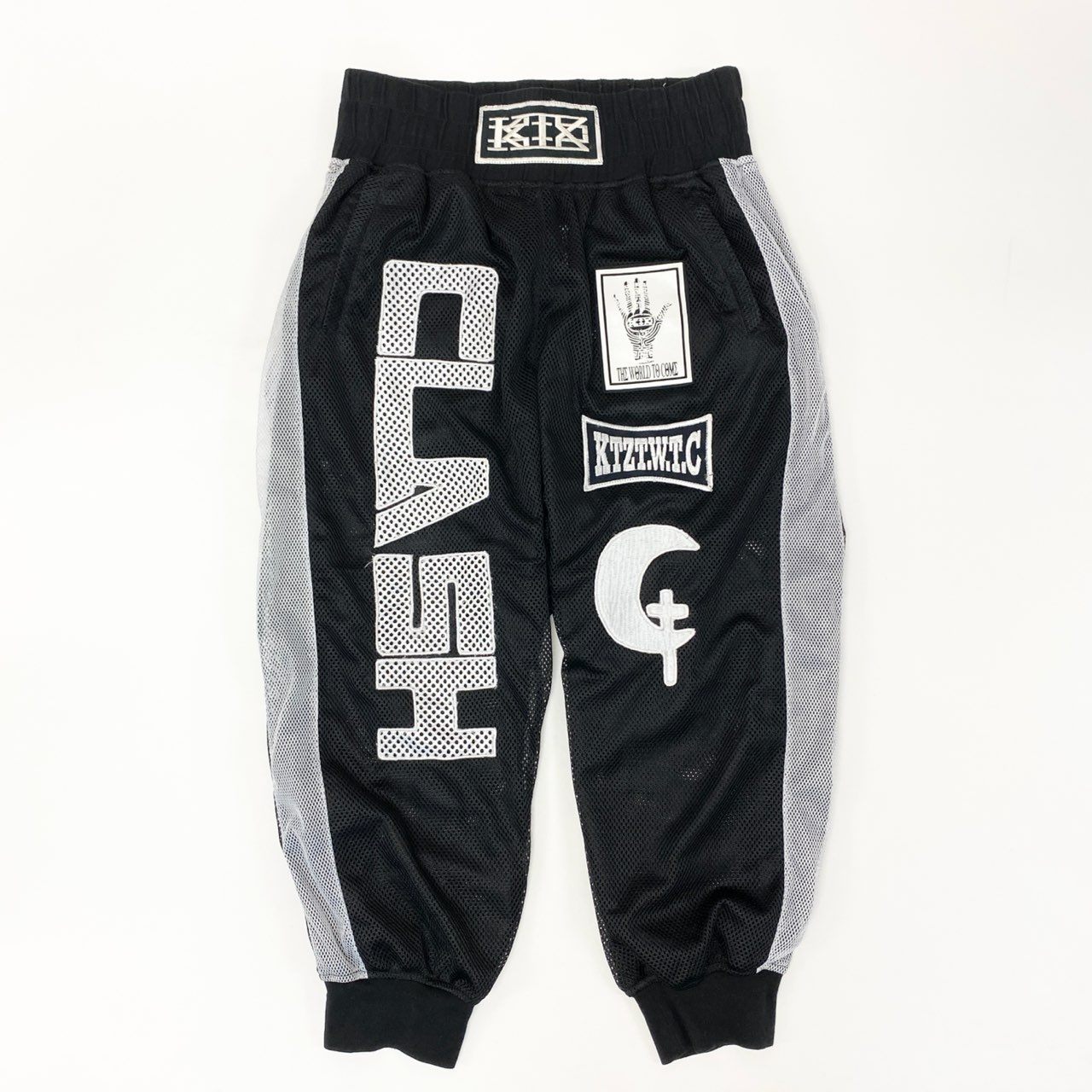 72j15 KTZ ケーティーゼット 刺繍メッシュパンツ ボトム パンツ Mサイズ ブラック ホワイト メンズu02t