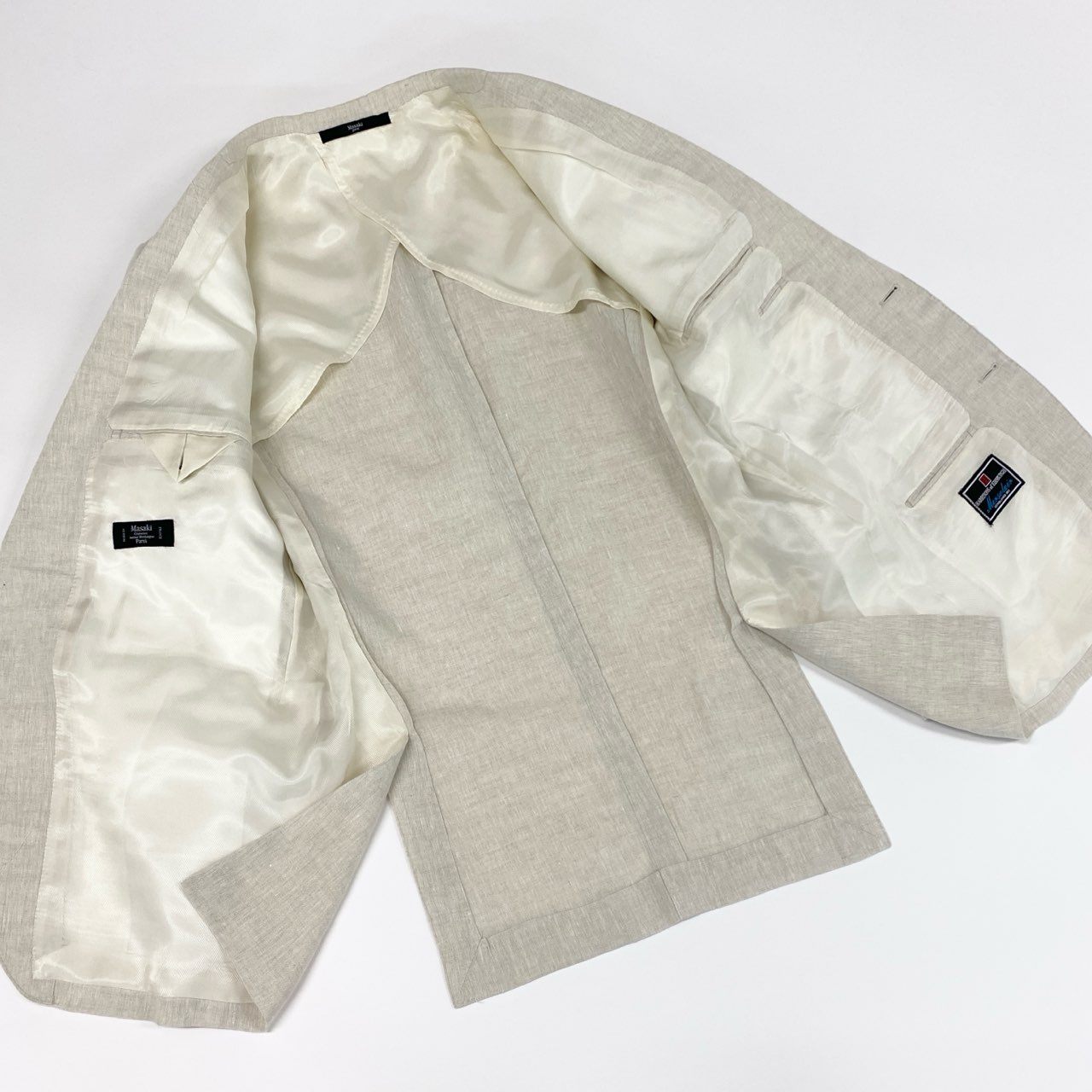 51a15 フランス製 Masaki Matsushima マサキマツシマ カジュアルスーツ セットアップ 春夏生地 テーラードジャケット/アジャスター付き スラックス アイボリー系 英国製生地 ピュアリネン メンズ