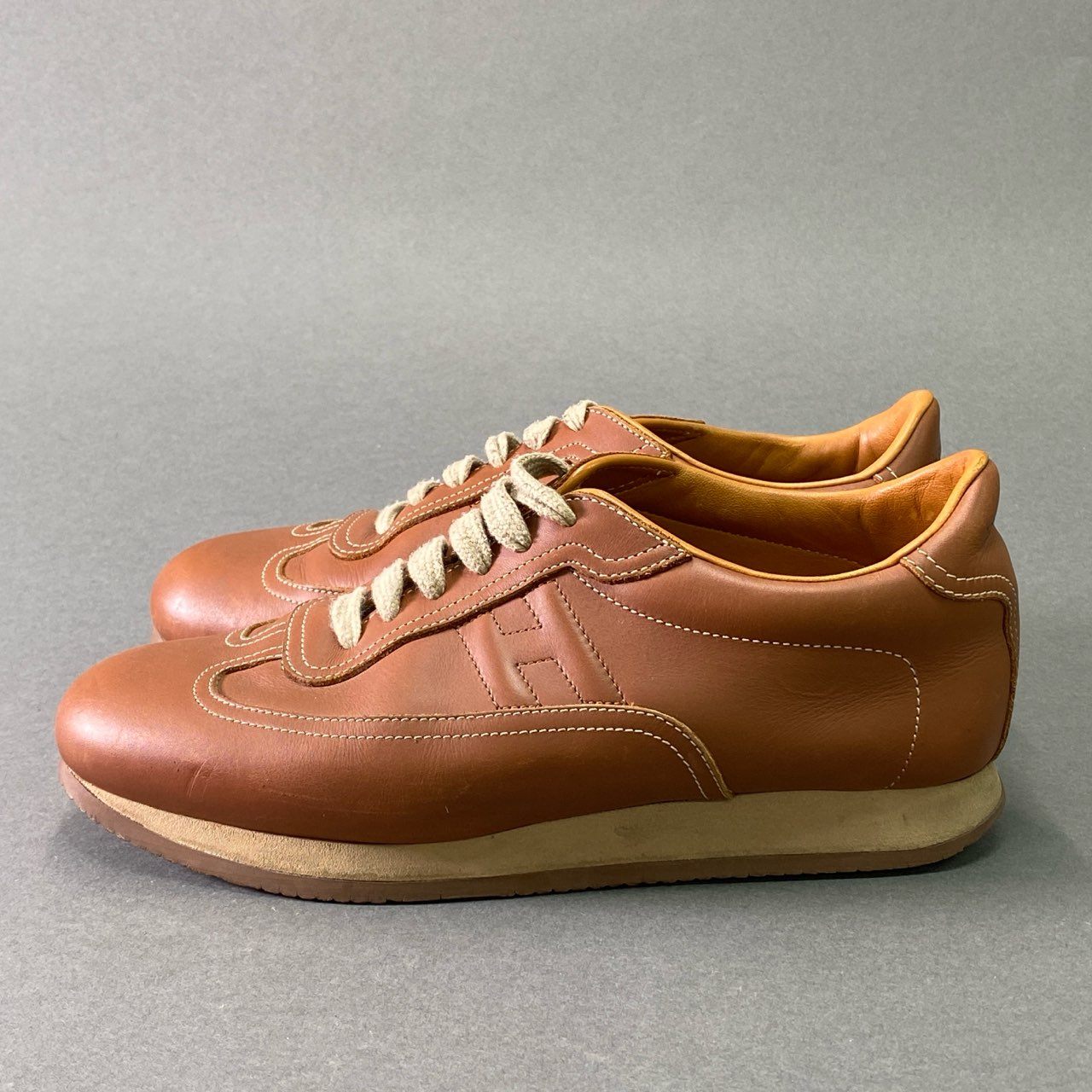 9e26 HERMES エルメス クイック レザースニーカー 41 ライトブラウン Leather シューズ イタリア製