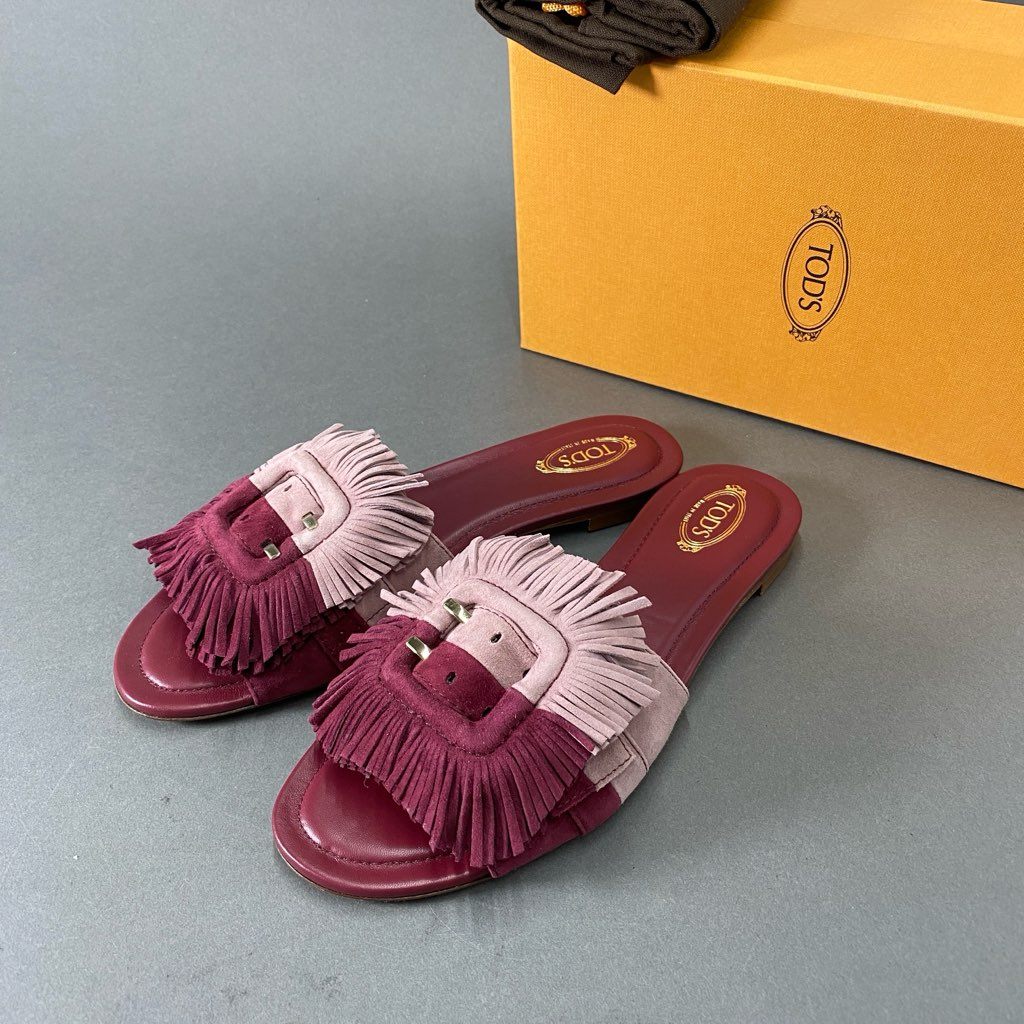 3i10 《美品》 TOD'S トッズ イタリア製 フリンジ スライド サンダル フラット シューズ 39 1/2 パープル系 スエード レザー
