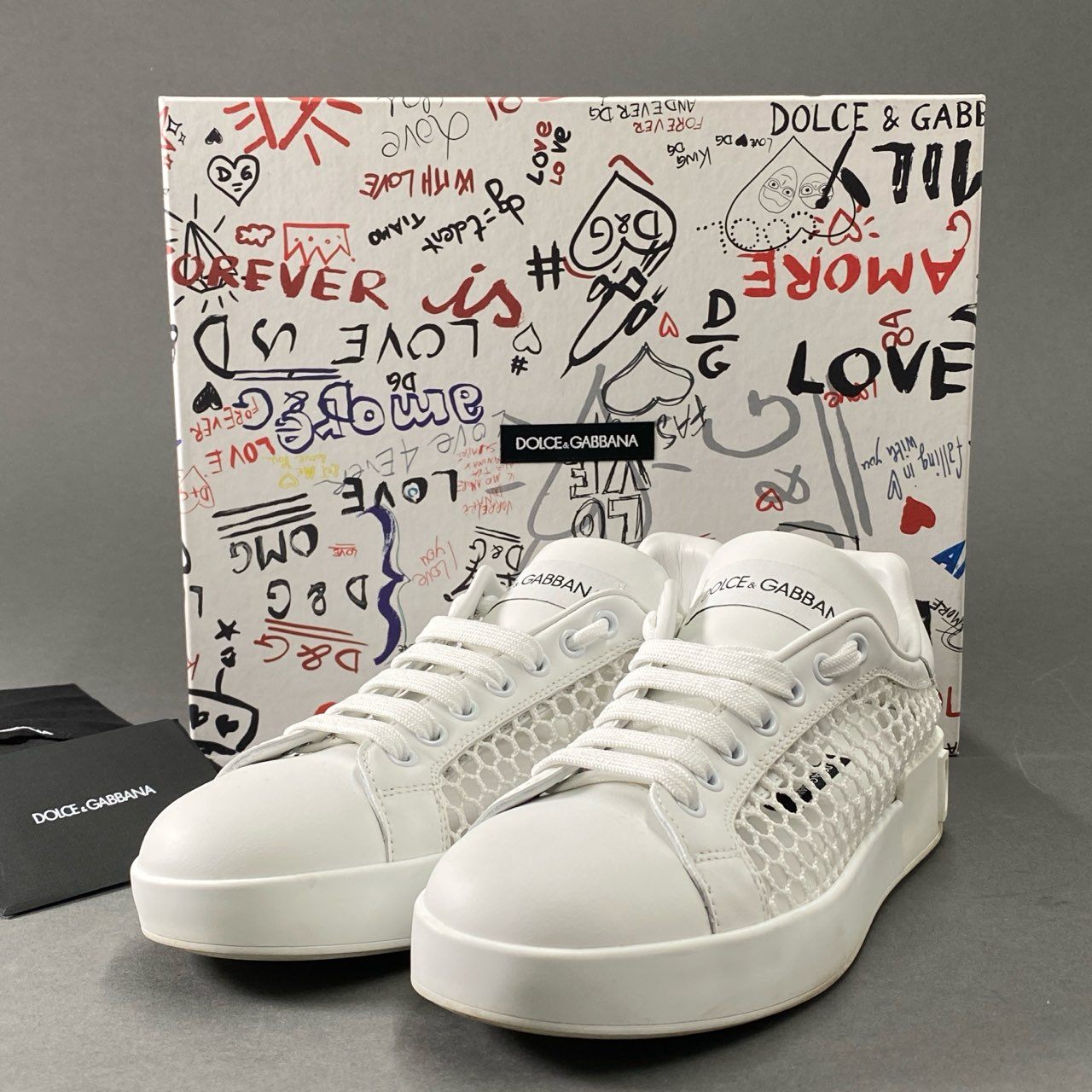 6i27 DOLCE&GABBANA ドルチェアンドガッバーナ イタリア製 メッシュパネル ローカットスニーカー シューズ 38 ホワイト レザー