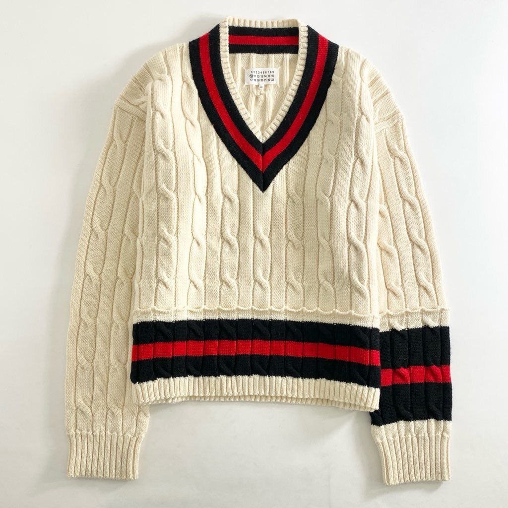 24g7 《美品》 Maison Margiela マルタンマルジェラ チルデンニット Vネックネックセーター ニットトップ プルオーバー S50GP0138 Lサイズ クリーム ベージュ ウール