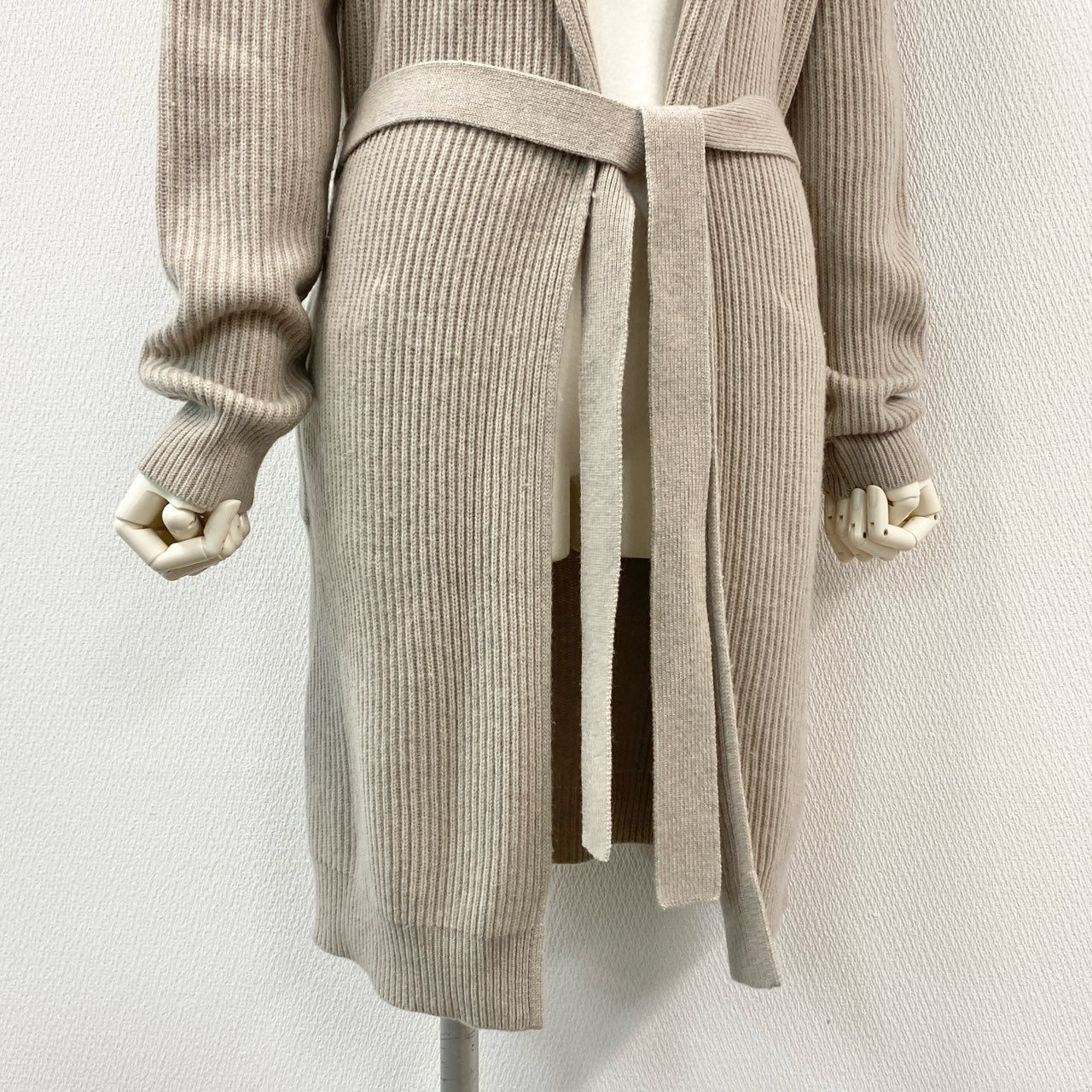61g23 MAX MARA 白タグ フード ベルテッド ロングカーディガン ガウンコート ニット ウエストマーク グレージュ レディース