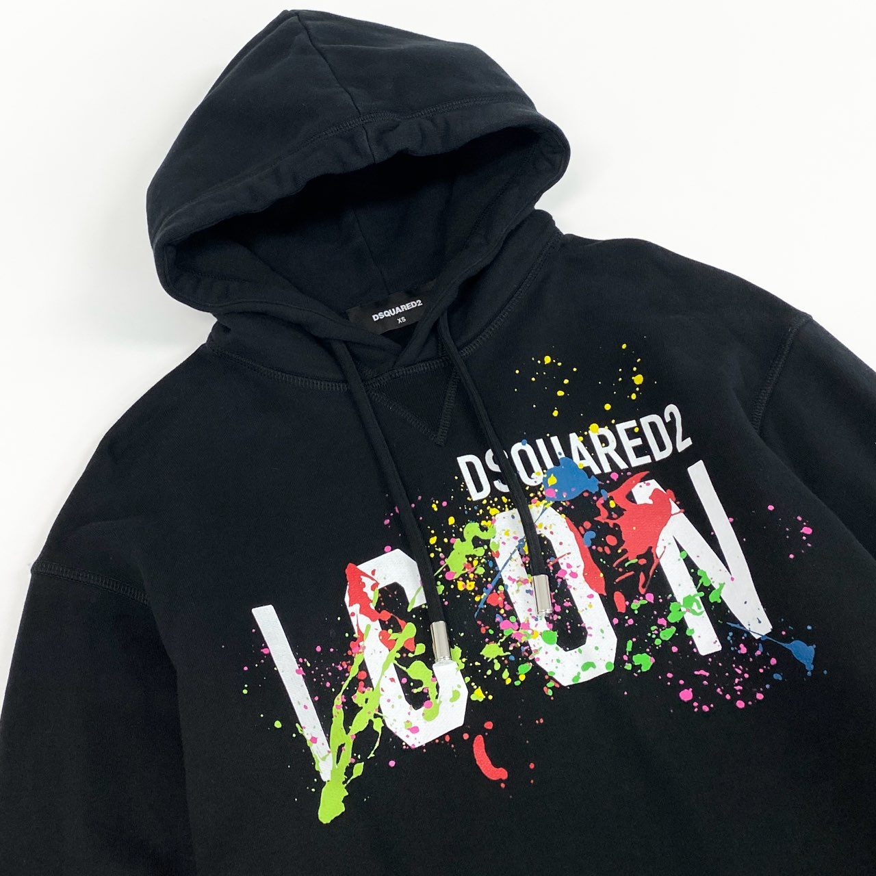 84e30 DSQUARED2 ディースクエアード 22AW Icon Splatter Hoodie アイコンロゴ プリント パーカー フーディ プルオーバー S80GU0067 XSサイズ ブラック コットン
