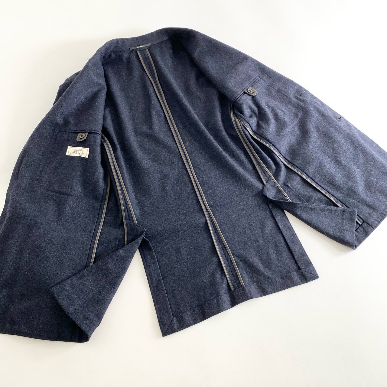 46e14 イタリア製 HERMES エルメス テーラードジャケット ブレザー レザーエルボーパッチ サイズ46 ネイビー カシミヤ100% メンズ 紳士服