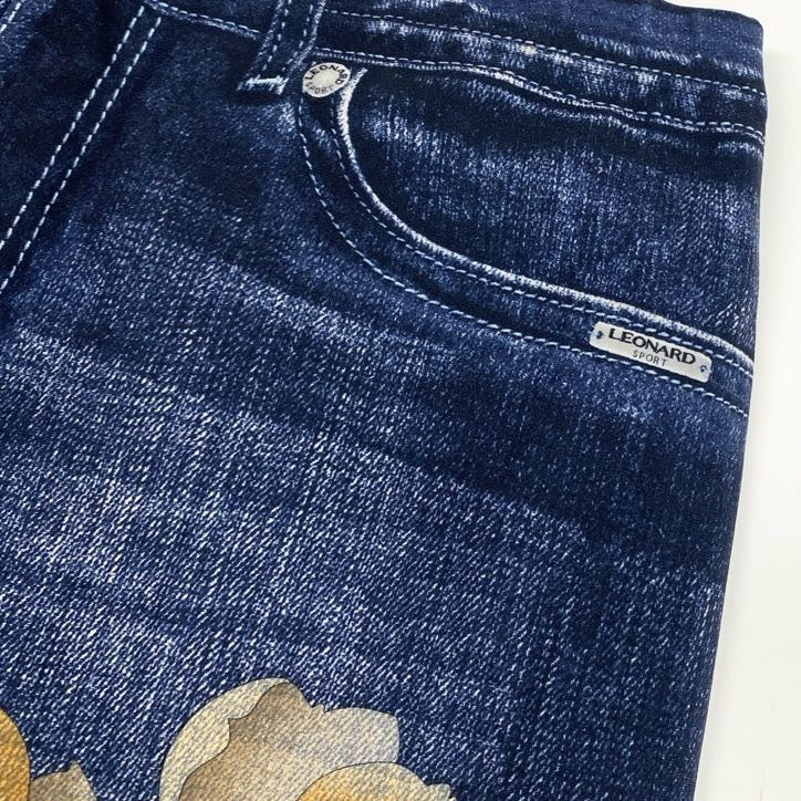 30g23 【美品】 LEONARD レオナール デニム柄 花柄プリント オールストレッチ イージーパンツ レディース 女性用 0563801 40 ネイビー