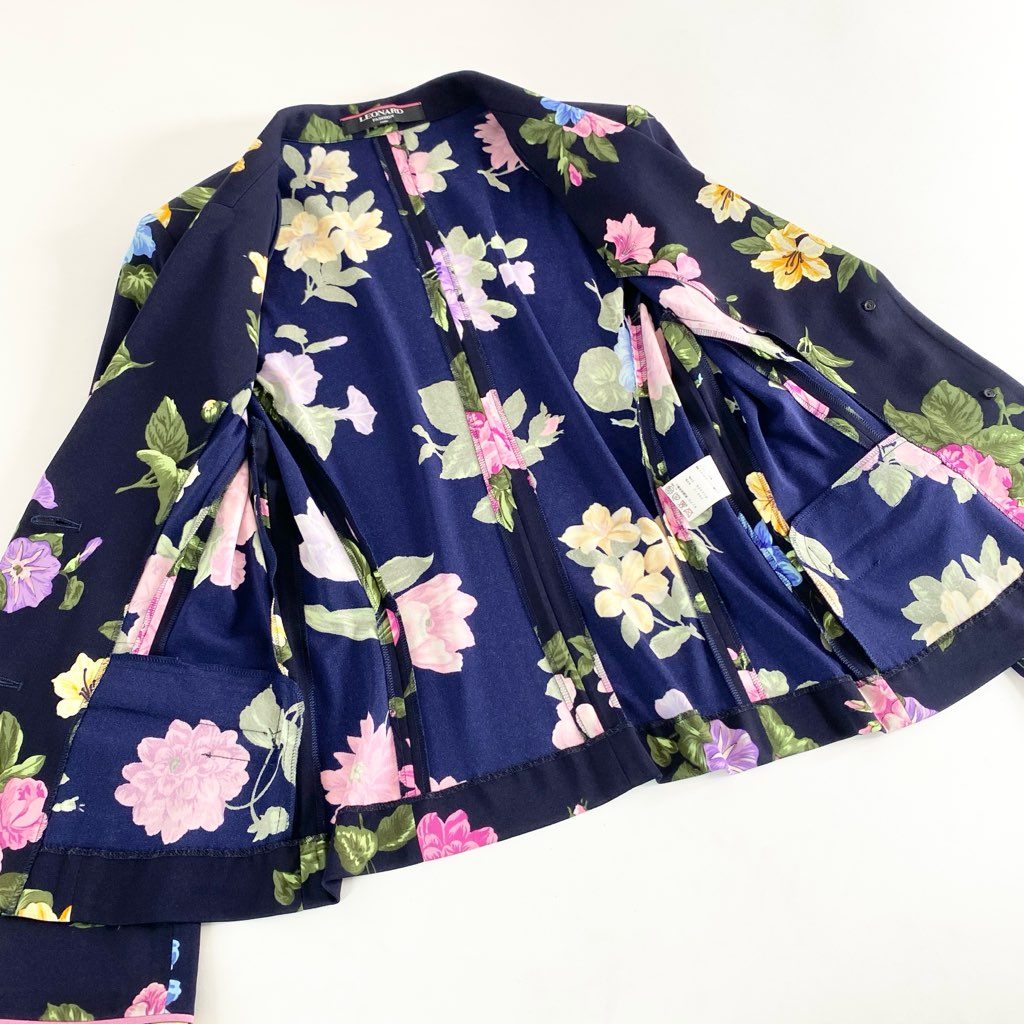 59e20【美品】LEONARD レオナール カンカン素材 花柄 テーラードジャケット ブレザー サイズL マルチカラー レディース 日本製 春