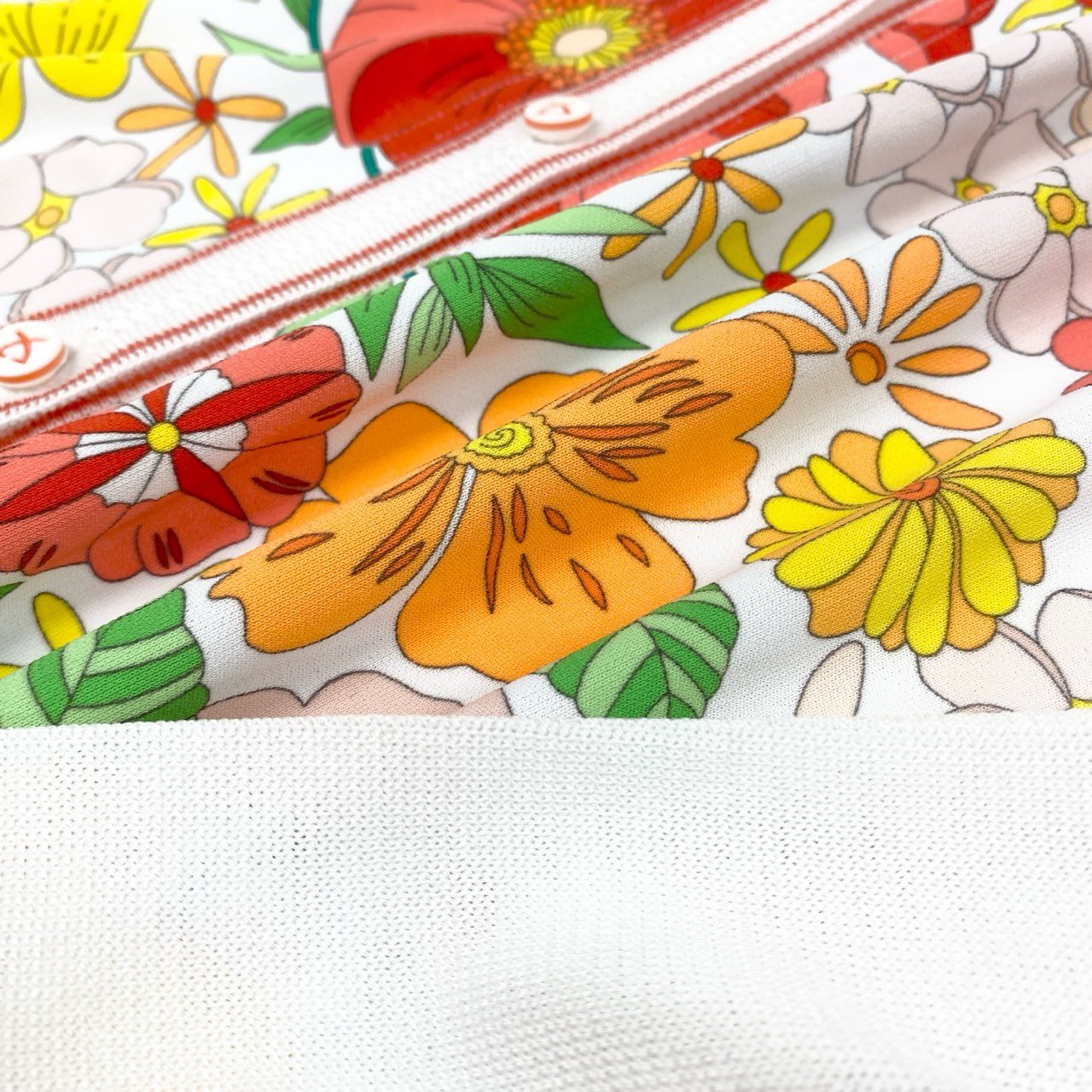 68g21-5 《極美品》 LEONARD レオナール カンカン素材切替 薄手カーディガン ニットカーディガン 美しい花柄プリント サイズ40 マルチカラー レディース 日本製