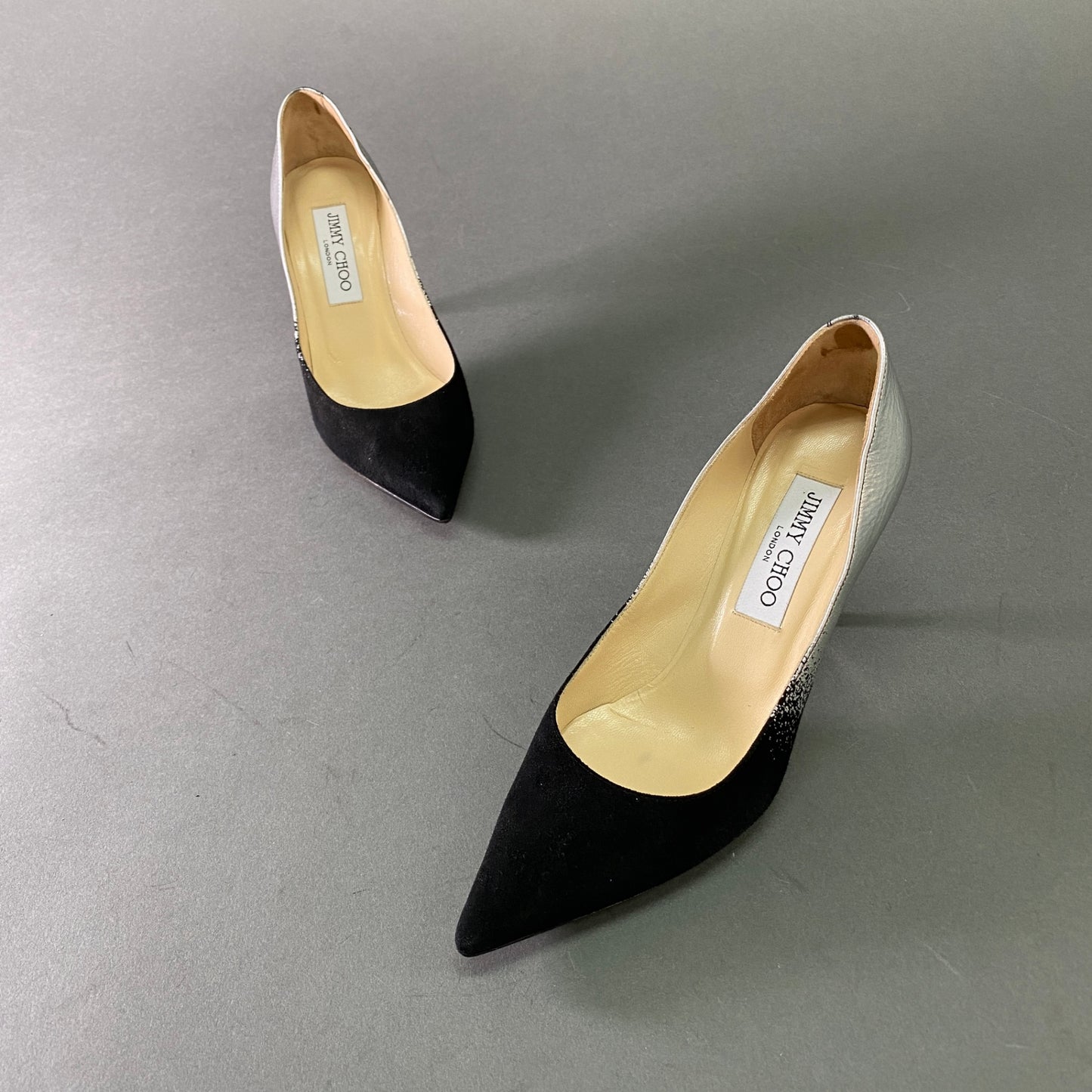 4l25 JIMMY CHOO ジミーチュウ グラデーション レザーパンプス 35 1/2 ブラック シルバー Leather イタリア製 シューズ