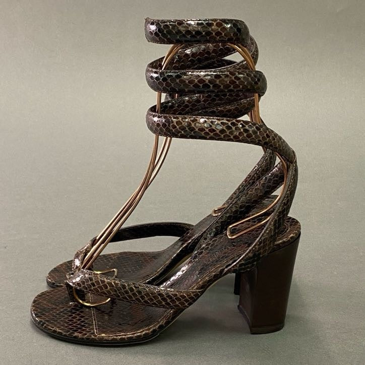 6l22 BOTTEGA VENETA ボッテガ ヴェネタ パイソンレザー スネークストラップサンダル 35 1/2 ブラウン Leather イタリア製 シューズ