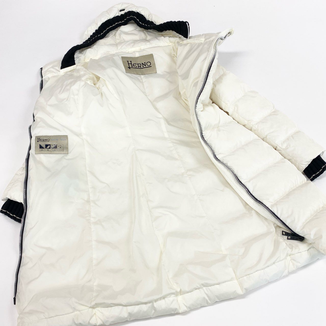 60f21 HERNO ヘルノ ロングダウンジャケット ダウンコート フーディ リブニット PI1118D 12004 38 ホワイト