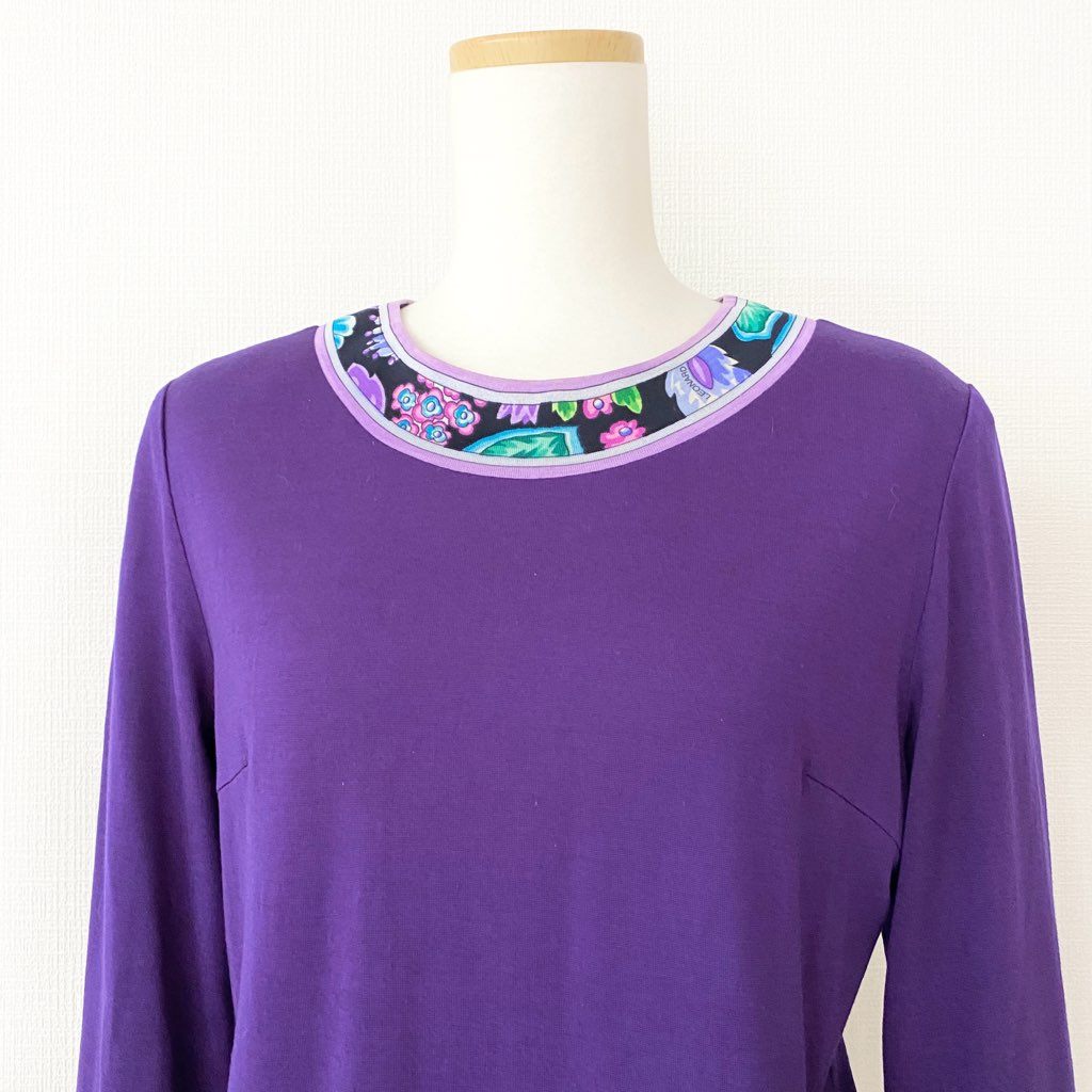 34d10 LEONARD レオナール ハイゲージ ニット セーター 美しい花柄プリント切替 サイズL パープル ウール100% レディース 日本製